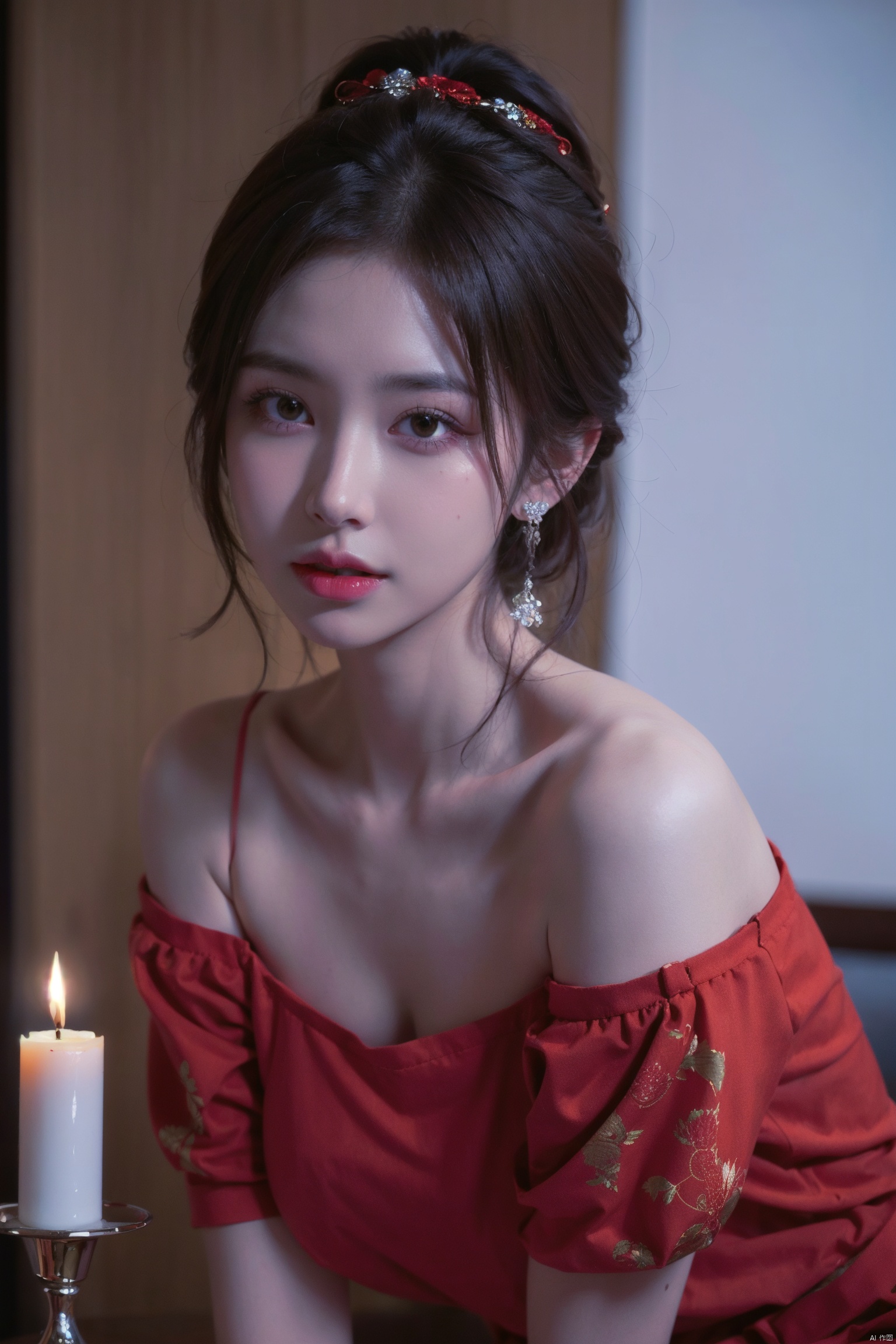 leogirl, seductive leaning forward detailed skin, ultra realistic 8k cg, picture-perfect face, flawless, clean, masterpiece, professional artwork, famous artwork, cinematic lighting, cinematic bloom,1girl,hair ornament,solo,flower,hair flower,candle,earrings,jewelry,black hair,black eyes,blurry,lips,red lips,looking at viewer,tassel,depth of field,makeup,realistic,(red_clothes:1.3),chinese clothes,floral print,upper body,medium breasts,off-the-shoulder,sitting,(large breasts:1.3),