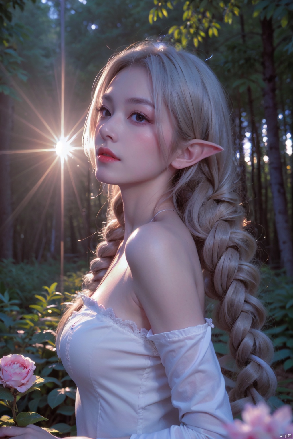  (masterpiece, best quality, high quality, highres, ultra-detailed), realistic,,,1 sweet girl, the greater lord rukkhadevata, (side braid:1.1), long hair,((white hair)), leaf hair ornament, (pointy ears), elf, green eyes, pale skin, bare shoulders, (medium breasts), (cleavage:1.1), jewelry, white long dress, (detached sleeves:1.1), bracelet, (looking away:1.2), (hair floating:1.3), from side,,(in forest:1.3), (pink flowers:1.1), (falling petals:1.1), (lens flare from right:1.2), (god rays from right:1.2),,,