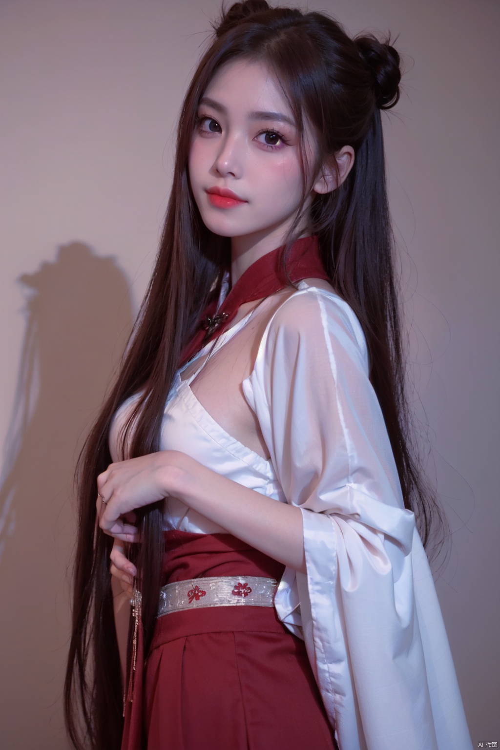  girlvn01, 1girl, hanfu, smile, Stunningly Beautiful girl, Haute_Couture, designer dress, wearing Haute_Couture, posing for a picture, fashion show, long shaped face, dark red eyes, sandy blonde side-wept hair, long hair, long ringlets, catwalk aesthetic, details, highest, amazing,