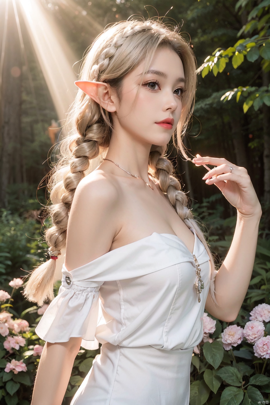  (masterpiece, best quality, high quality, highres, ultra-detailed), realistic,,,1 sweet girl, the greater lord rukkhadevata, (side braid:1.1), long hair,((white hair)), leaf hair ornament, (pointy ears), elf, green eyes, pale skin, bare shoulders, (medium breasts), (cleavage:1.1), jewelry, white long dress, (detached sleeves:1.1), bracelet, (looking away:1.2), (hair floating:1.3), from side,,(in forest:1.3), (pink flowers:1.1), (falling petals:1.1), (lens flare from right:1.2), (god rays from right:1.2),,,