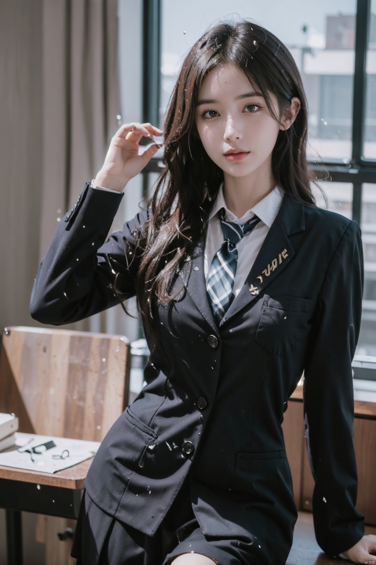  masterpiece,bestquality,realistic,8k,officialart,ultrahighres,school uniforms,1girl, depth of field