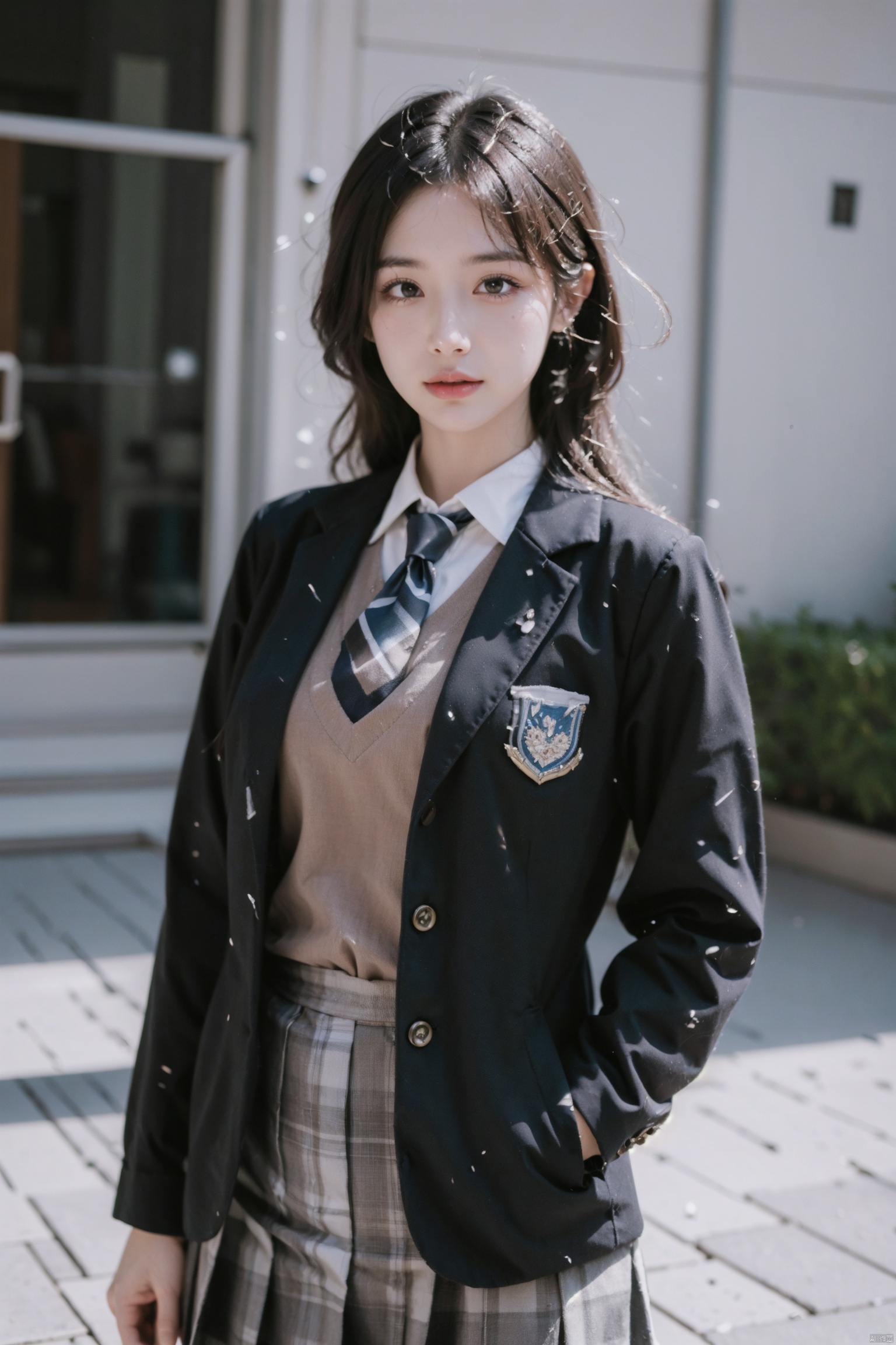  masterpiece,bestquality,realistic,8k,officialart,ultrahighres,school uniforms,1girl, depth of field