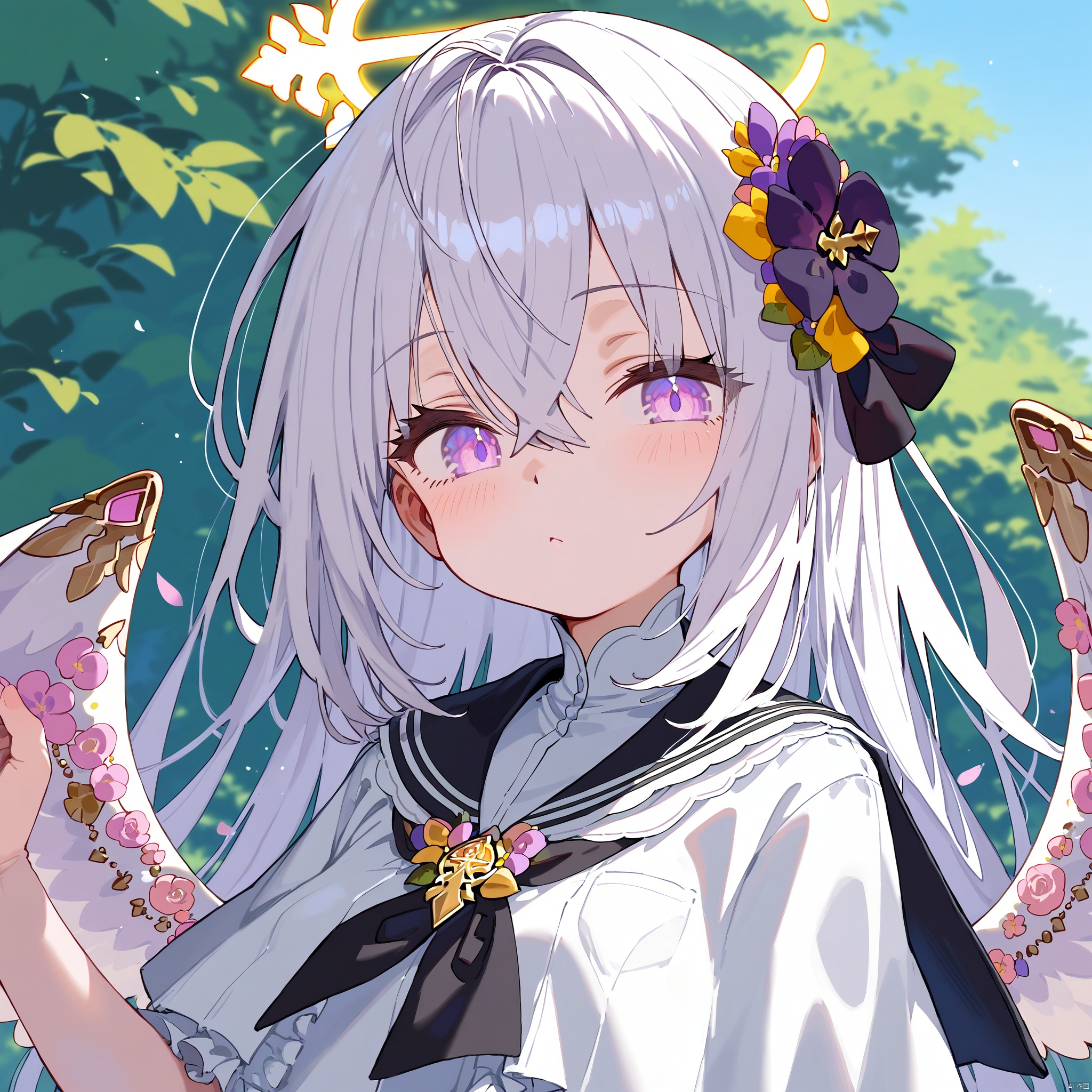 (score_9,score_8_up,score_7_up),(masterpiece, best quality),1girl,solo,in_summer,(loli),small_breasts,
looking at viewer,(upper body:1.2),(front_view:1.2),(kiss),azusa-default,azusa \(blue archive\),purple eyes,white hair,long hair,wings,hair flower,halo,white capelet,black sailor collar,black frilled dress,in school,