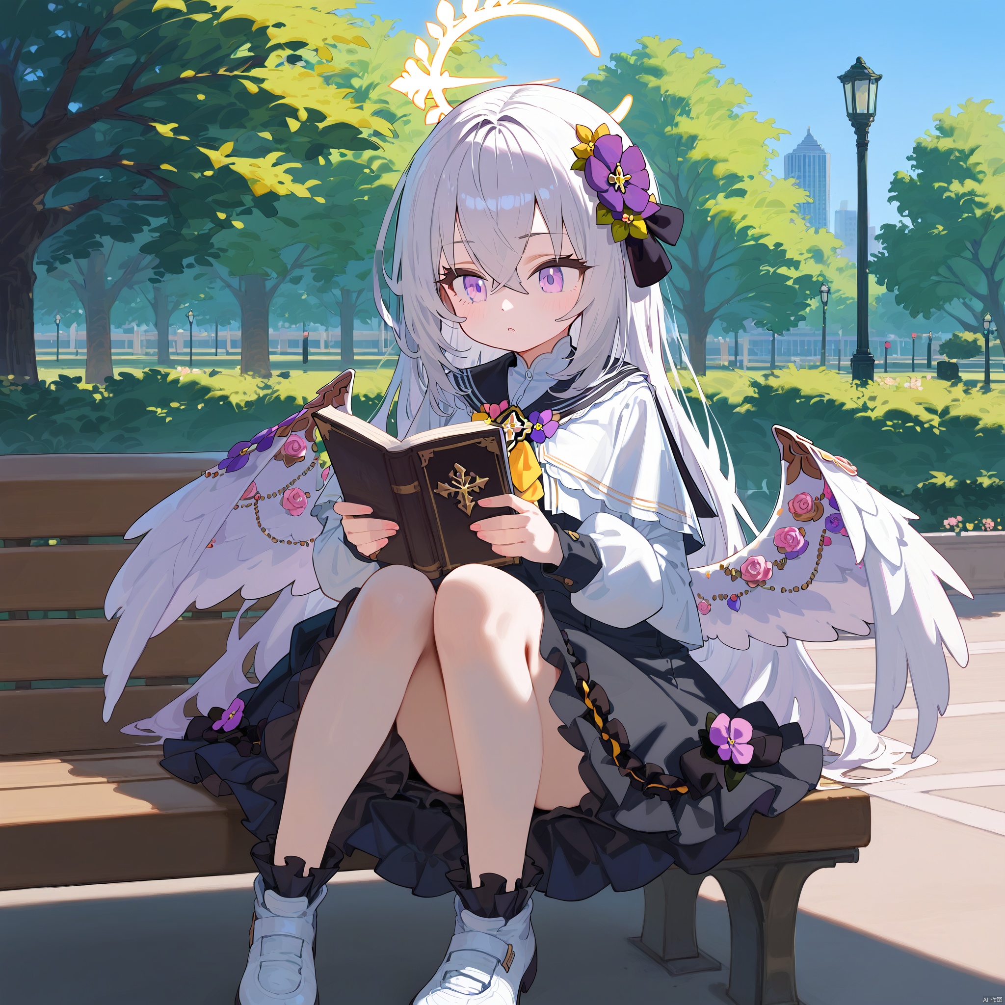  (score_9,score_8_up,score_7_up),(masterpiece, best quality),1girl,solo,(loli),middle_breasts,
looking to the side,reading,sitting on park bench,park,
azusa-default,azusa \(blue archive\),purple eyes,white hair,long hair,wings,hair flower,halo,white capelet,black sailor collar,black frilled dress,white footwear,
upper_body,