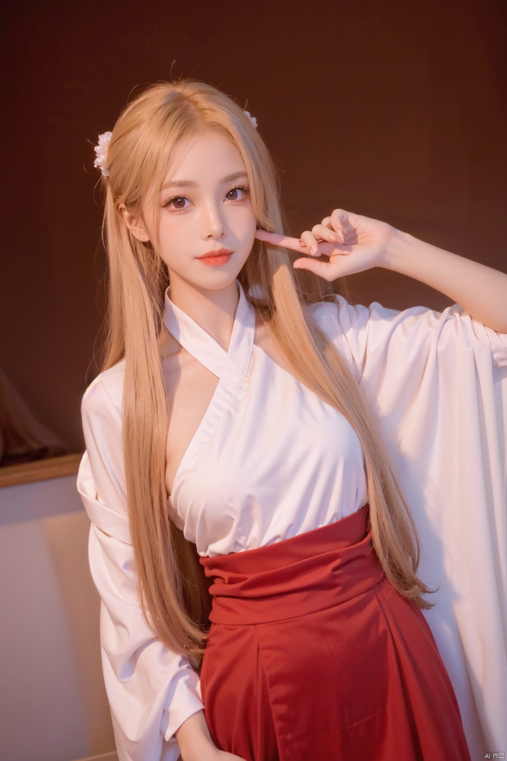 girlvn01, 1girl, hanfu, smile, Stunningly Beautiful girl, Haute_Couture, designer dress, wearing Haute_Couture, posing for a picture, fashion show, long shaped face, dark red eyes, sandy blonde side-wept hair, long hair, long ringlets, catwalk aesthetic, details, highest, amazing,