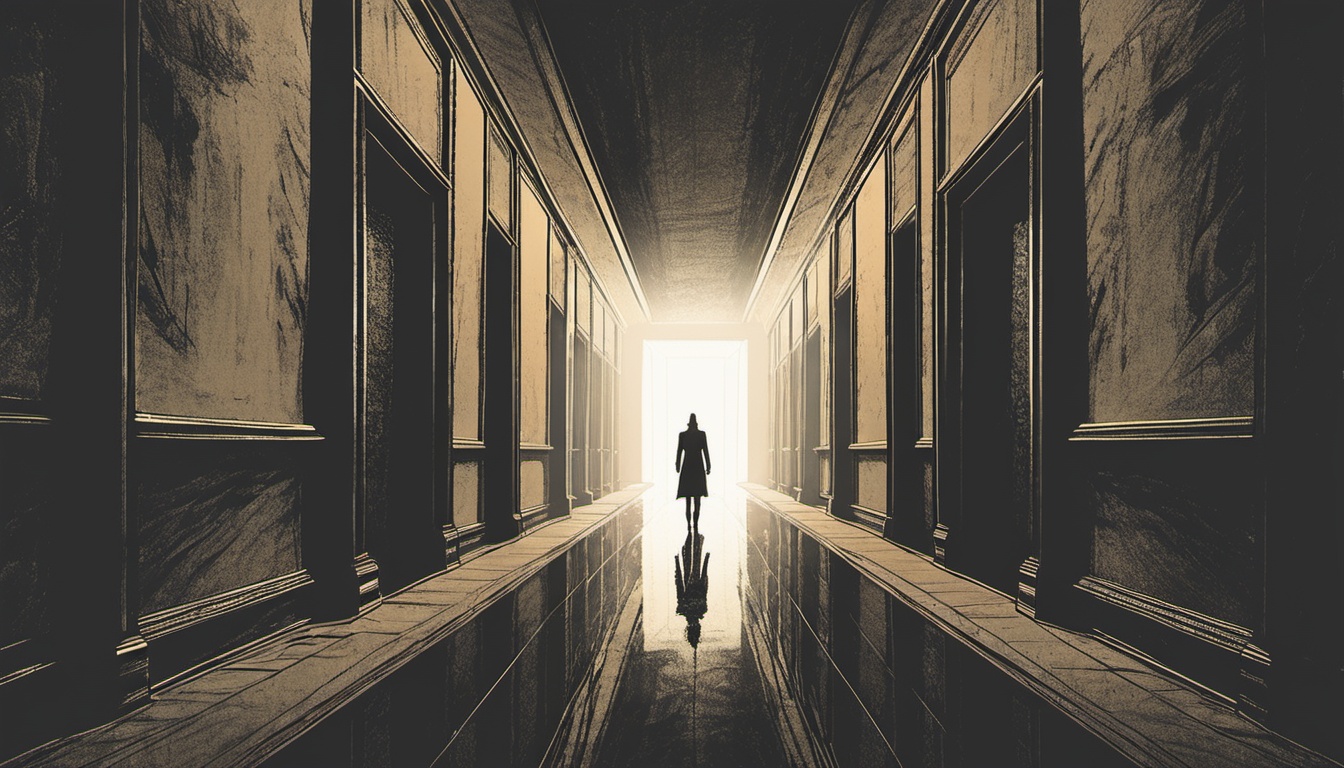 A long,  dark corridor. At the end of the corridor,  there is an incredibly tall window from which a spectral light stream...