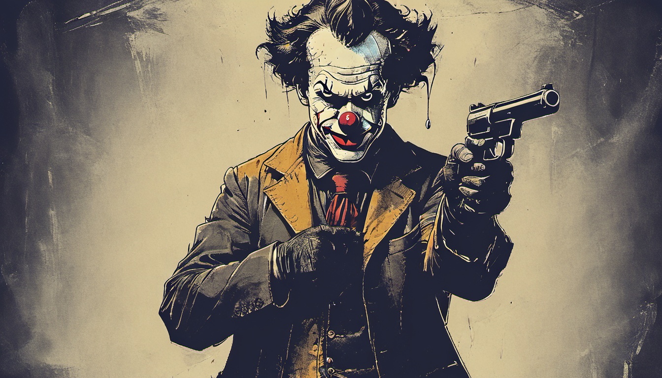 a clown pointing a gun to the camera on Tensor.Art