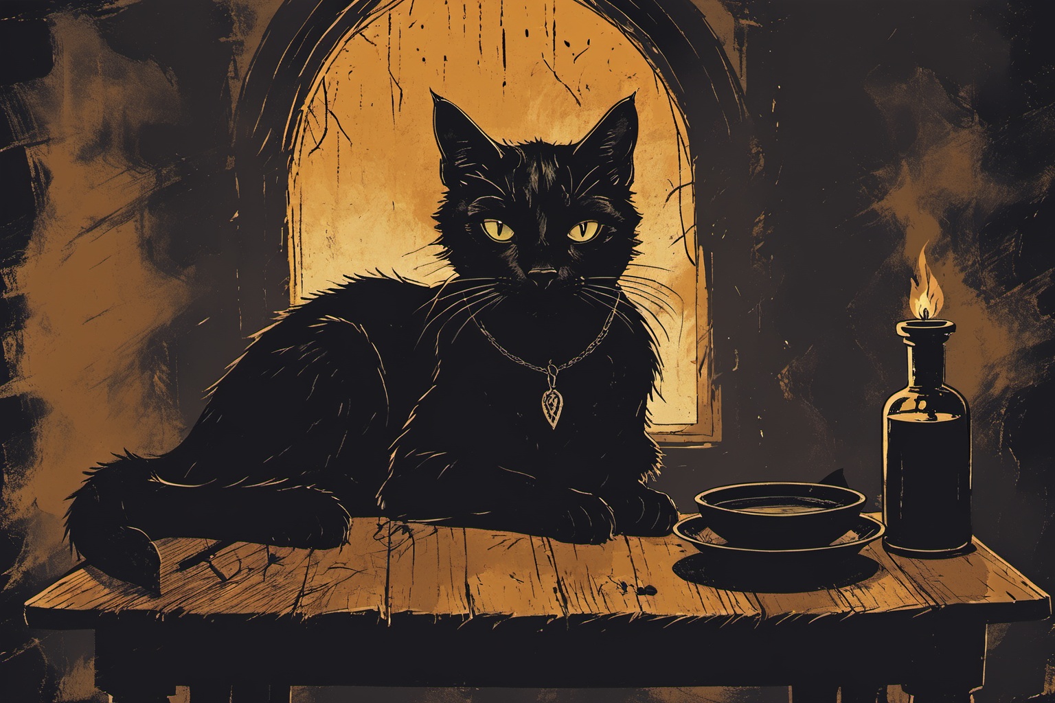 a black cat near a poison on a witch table on Tensor.Art