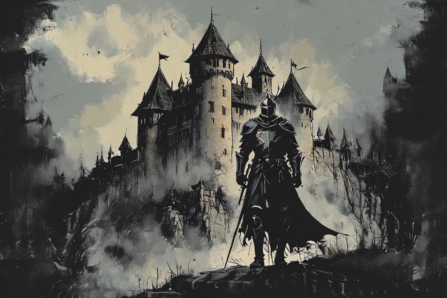 a dasrk knight in front of a castle on Tensor.Art