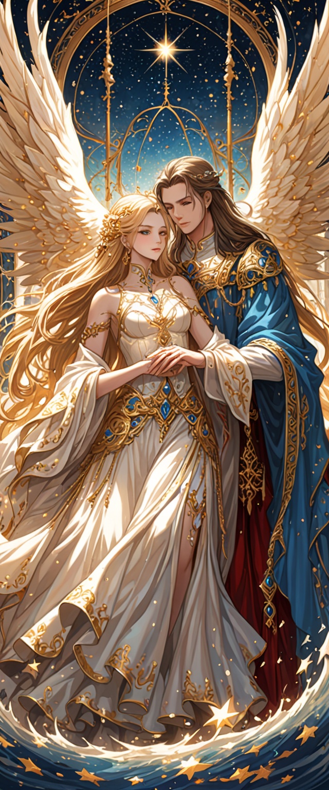An exquisite and enchanting portrayal of a divine couple,  symbolizing the concept of "Immortal Lovers." This oil painting...