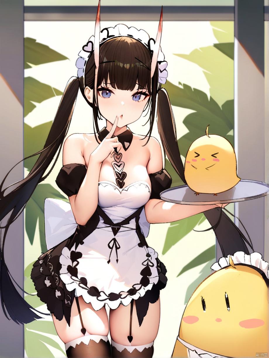 ,noshiro_\(azur lane\), twintails, maid, long_hair, apron,  garter_straps, maid_headdress, enmaided,  black_legwear, finger_to_mouth,holding_tray, manjuu \(azur lane\),, masterpiece, best quality,  very aesthetic, absurdres,