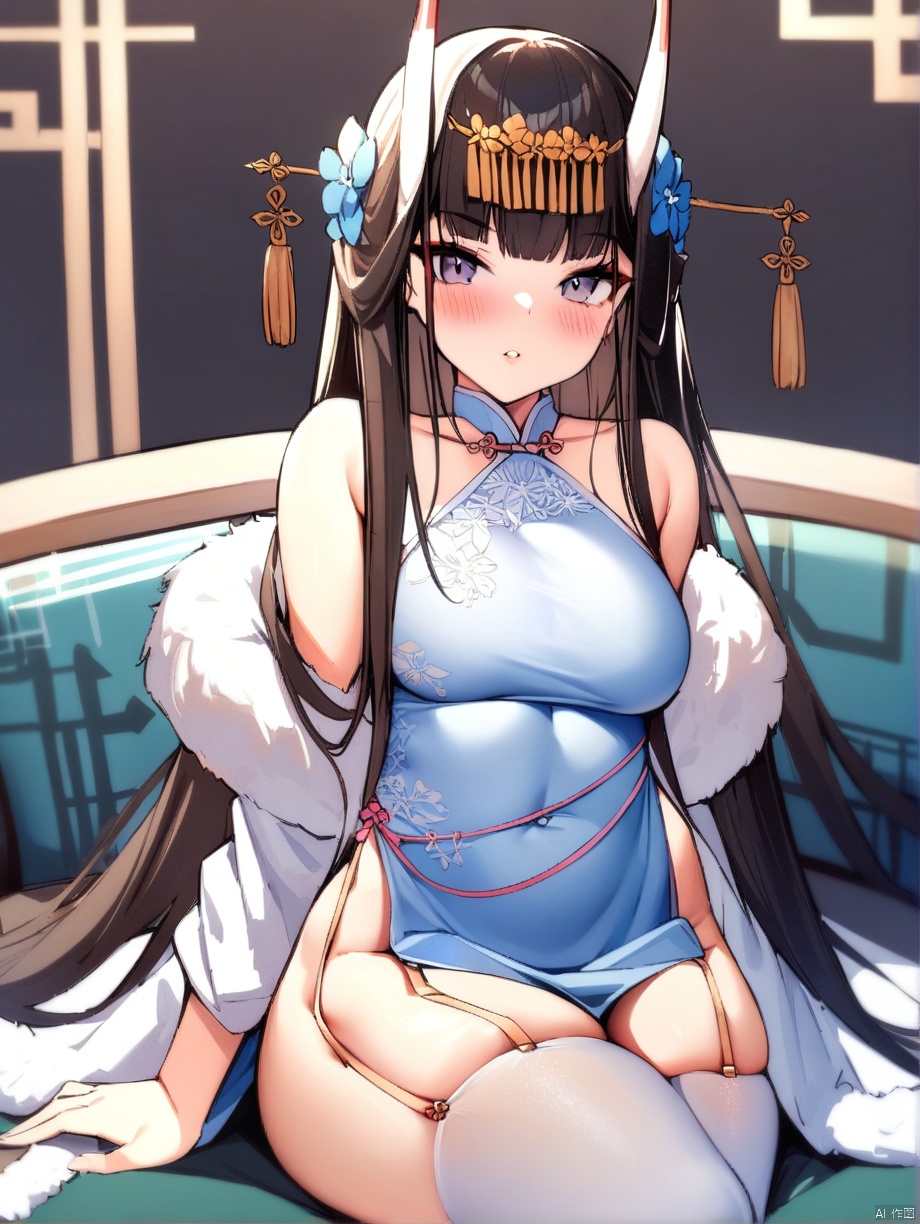 ,noshiro_\(azur lane\),long_hair,  china_dress, long_hair, garter_straps, fur_trim, sitting, breasts, blush, looking_at_viewer, hair_flower, white_legwear, parted_lips,indoors,, masterpiece, best quality,  very aesthetic, absurdres,