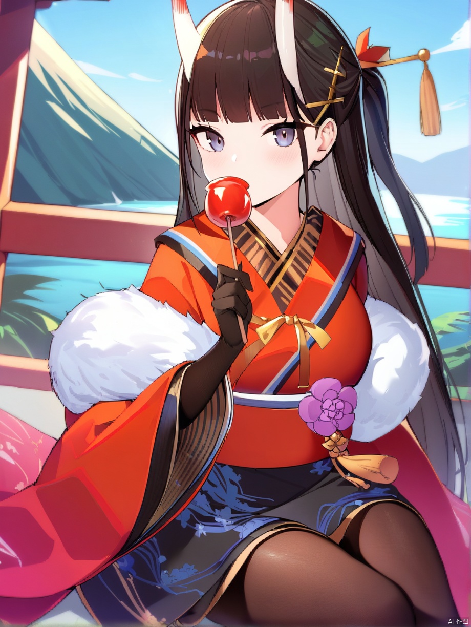 ,noshiro_\(azur lane\),  long_hair, hair_ornament,fur-trimmed_kimono ,wide_sleeves, gloves, outdoors,sitting,looking_at_viewer, cowboy shot, holding candy apple, masterpiece, best quality,  very aesthetic, absurdres,