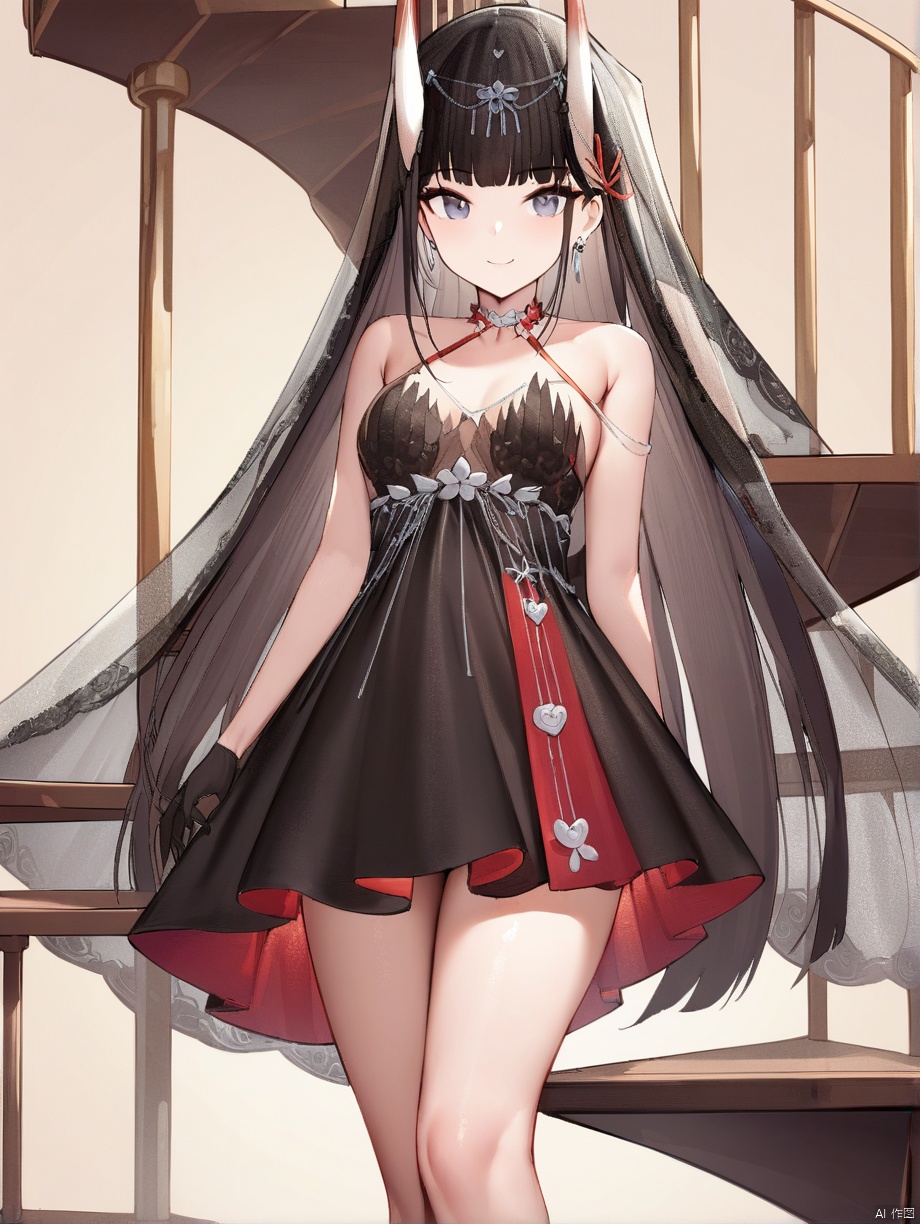 ,noshiro_\(azur lane\),long hair,hair ornament,wedding_dress,black veil,black gloves, earrings,bare legs, bare_shoulders, looking_at_viewer, smile, spiral staircase,(cowboy shot:1.2),, masterpiece, best quality,  very aesthetic, absurdres,