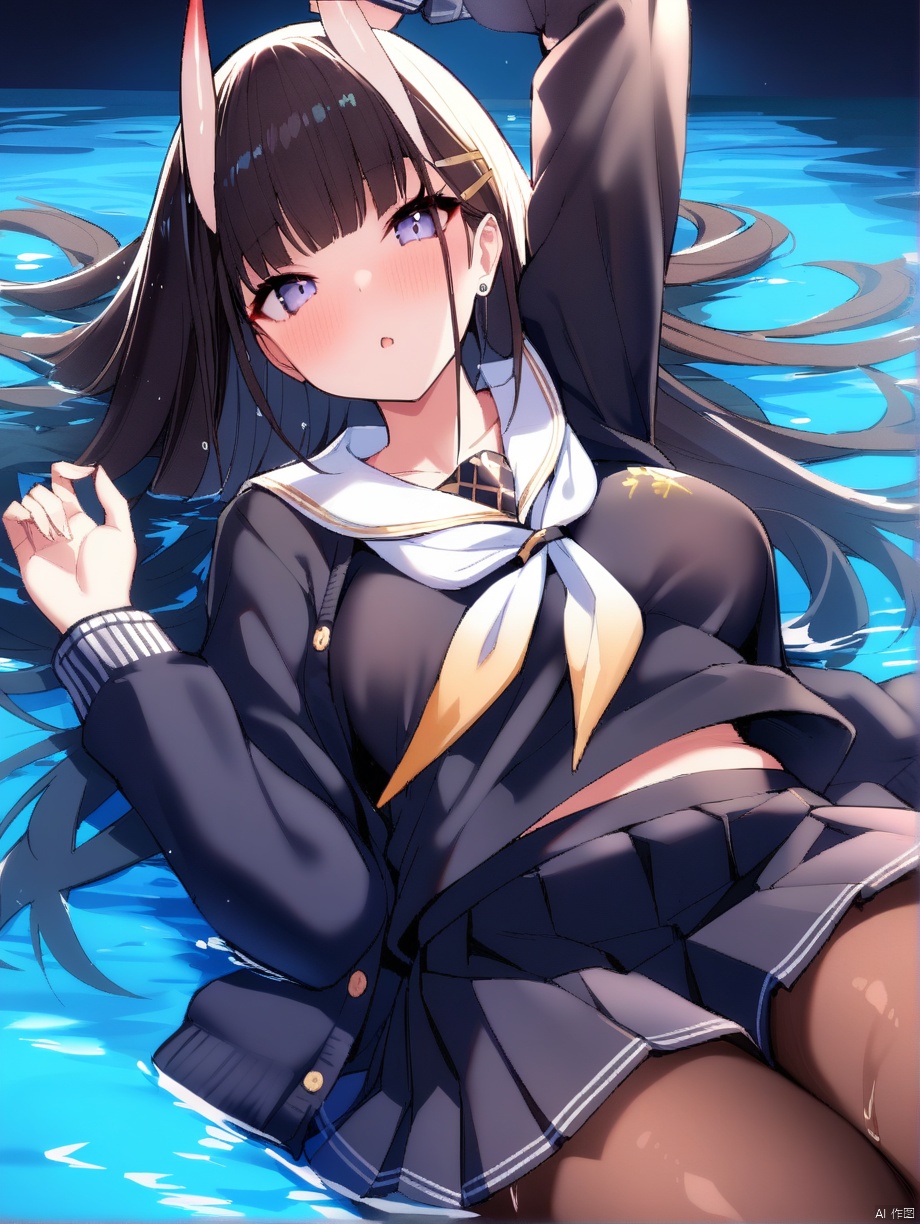 ,noshiro_\(azur lane\),long hair,school_uniform,hair_ornament, hairclip, sailor_collar,neckerchief, black_serafuku, white_sailor_collar, pantyhose, oni_horns, pleated_skirt, black_cardigan,katana,sheathed, (night), lying on water,wet, arm up,, masterpiece, best quality,  very aesthetic, absurdres,