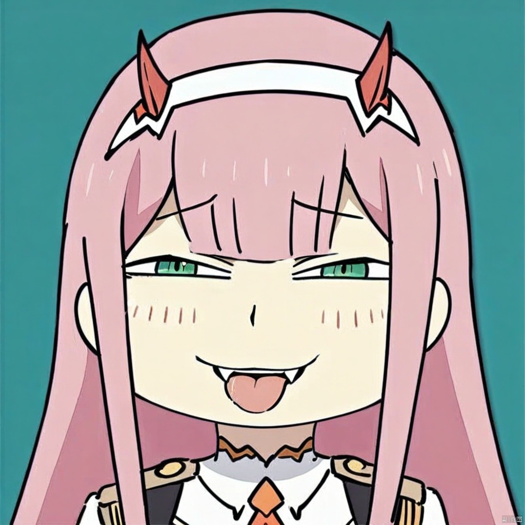 anya-face,(masterpiece),(best quality),1girl, aqua_background, aqua_eyes, blue_background, buttons, double-breasted, fangs, green_eyes, hairband, horns, long_hair, looking_at_viewer, military, military_uniform, necktie, pink_hair, sky, solo, tongue, tongue_out, uniform, white_hairband, zero_two_\(darling_in_the_franxx\)