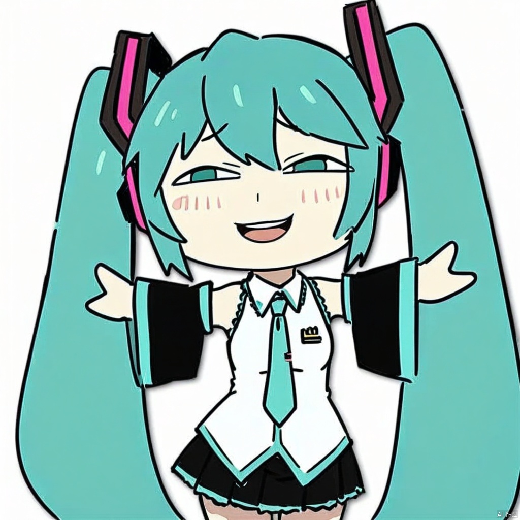 anya-face,(masterpiece),(best quality),1girl, hatsune miku, twintails, necktie, solo, skirt, shirt, aqua hair, black skirt, aqua eyes, detached sleeves, long hair, sleeveless, white shirt, open mouth, white background, aqua necktie, black sleeves, sleeveless shirt, outstretched arms, very long hair, blush stickers, pleated skirt, hair ornament, miniskirt, bare shoulders, musical note