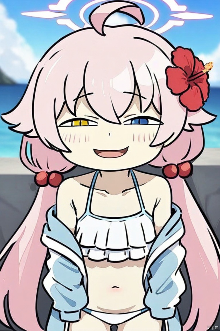 anya-face,full_body,(masterpiece),(best quality),solo, red flower, 1girl, hoshino (blue archive), flower, blue jacket, hoshino (swimsuit) (blue archive), hair ornament, white bikini, frilled bikini, heterochromia, swimsuit, twintails, long hair, ahoge, yellow eyes, bikini, navel, halo, blush, looking at viewer, jacket, frills, low twintails, blue eyes, open mouth, pink hair, collarbone, hair between eyes, hair bobbles, outdoors, long sleeves, hair flower, official alternate costume, hibiscus, open clothes, blurry