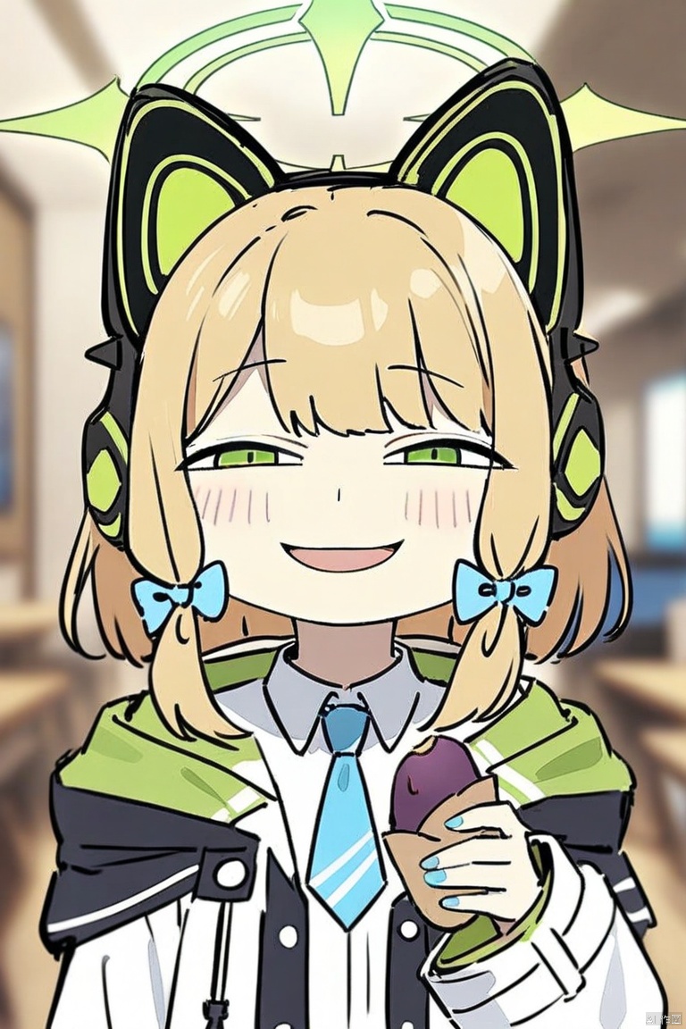 anya-face,full_body,(masterpiece),(best quality),1girl, (masterpiece),(best quality),1girl,midori \(blue archive\),blue archive,aiamu iamu,holding food,holding,hooded jacket,food,sidelocks,:d,collared shirt,blurry,long sleeves,puffy sleeves,headphones,blue bow,hand up,necktie,halo,looking at viewer,jacket,sleeves past wrists,blush,nail polish,blue necktie,animal ear headphones,blurry background,blonde hair,shirt,green eyes,hood down,open clothes,depth of field,hood,smile,white jacket,fake animal ears,bow,puffy long sleeves,open jacket,solo,dress shirt,animal ears,white shirt,blue nails,hair bow,long hair,drawstring,sweet potato,
