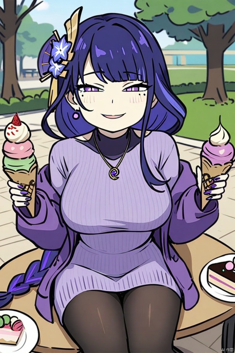  anya-face,smile,(masterpiece),(best quality),macaron, 1girl, food, wagashi, solo, raiden shogun, purple skirt, dango, sweater, purple eyes, braided ponytail, mole under eye, purple hair, skirt, pantyhose, ice cream, turtleneck, hair ornament, sitting, sanshoku dango, tomoe \(symbol\), breasts, jewelry, long hair, parfait, braid, looking at viewer, mitsudomoe \(shape\), sweets, holding, necklace, bangs, mole, ice cream cone, purple nails, earrings, purple jacket, long sleeves, open clothes, bag, turtleneck sweater, open jacket, off shoulder, black pantyhose, nail polish, jacket, outdoors, hair flower, day, cake, flower, large breasts, very long hair, alternate costume, ribbed sweater, table, dessert, chair, purple flower, sleeves past wrists, parted lips, open mouth, holding food, purple sweater, knees together feet apart, tree