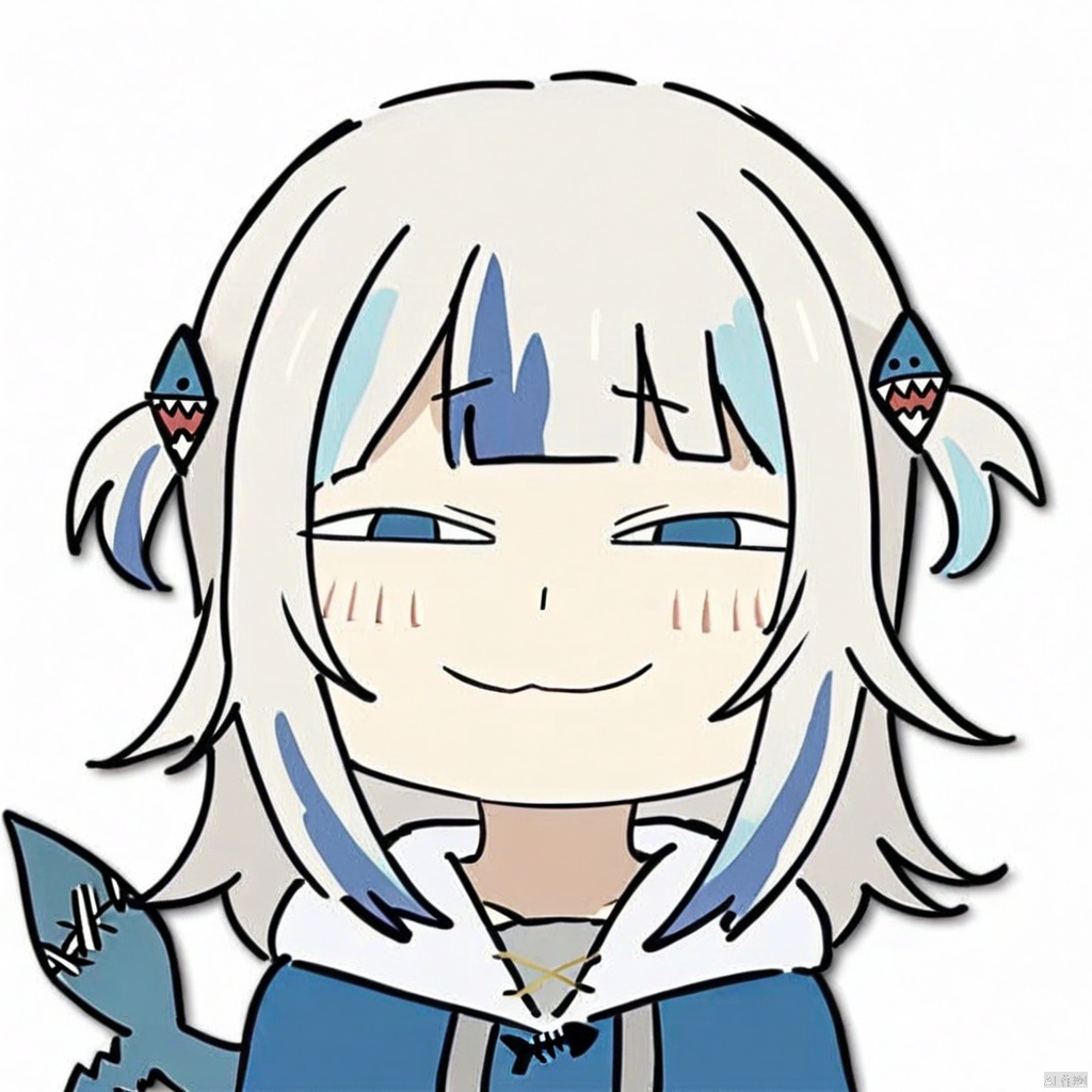  anya-face,(masterpiece),(best quality),1girl, gawr gura, virtual youtuber, tail, fish tail, shark tail, solo, blue eyes, multicolored hair, grey hair, full body, blue hair, streaked hair, bangs, hair ornament, shark hair ornament, two side up, white background, hood, blunt bangs, shark girl, hoodie, simple background, blue hoodie
