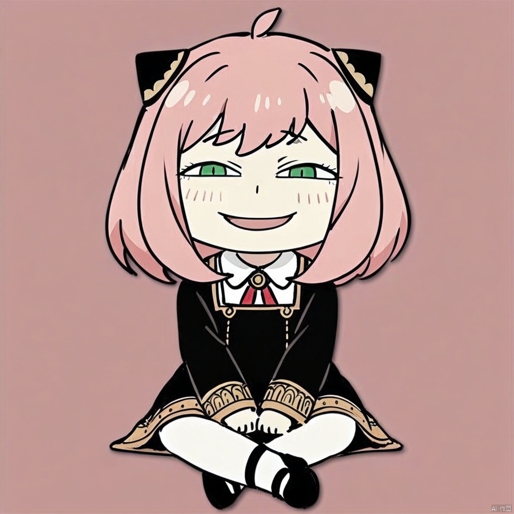 anya-face,(masterpiece),(best quality),Anya Forger, 1girl, anya \(spy x family\), solo, female child, pink hair, green eyes, school uniform, eden academy school uniform, smile, dress, sitting, looking at viewer, open mouth, black footwear, black dress, child, shirt, :d, long sleeves, full body, shoes, medium hair, bangs, ahoge, white pantyhose, collared shirt