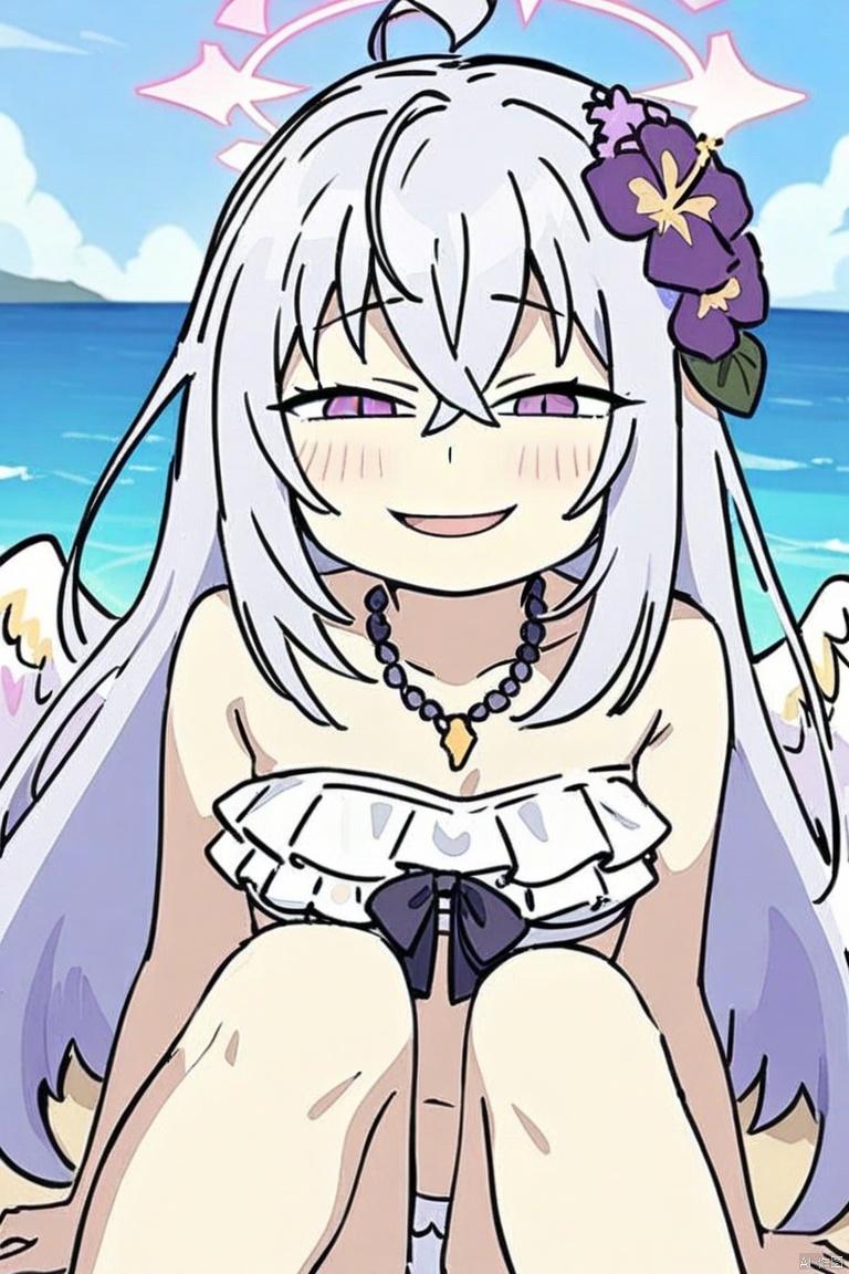 anya-face,(masterpiece),(best quality),1girl, solo, hair ornament, azusa (blue archive), swimsuit, hair flower, bikini, long hair, flower, necklace, jewelry, frilled bikini, looking at viewer, frills, hair between eyes, blush, open mouth, purple eyes, smile, wings, halo, bow, bead necklace, strapless, beads, ahoge, bare shoulders, strapless bikini, outdoors, purple flower, official alternate costume, knees up, crossed bangs, white hair