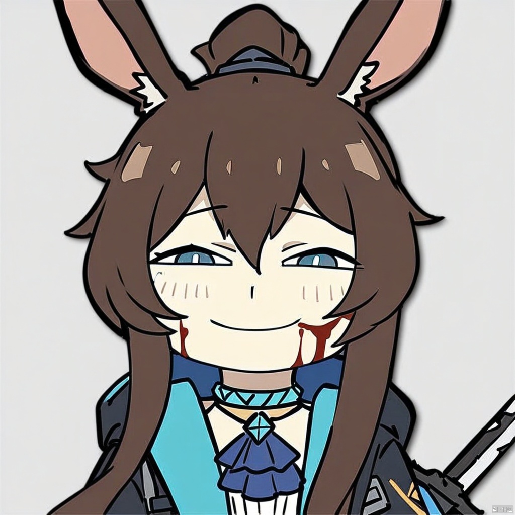 anya-face,smile,(masterpiece),(best quality),full_body,(masterpiece),(best quality),1girl, animal ears, amiya (arknights), solo, blue eyes, rabbit ears, long hair, holding, looking at viewer, blood, weapon, blue ascot, upper body, holding weapon, brown hair, ascot, hair between eyes, sword, holding sword, jacket, blood on face, closed mouth, open clothes, sidelocks, open jacket, jewelry, shirt, neck ring, white shirt, black jacket, ponytail, glowing,