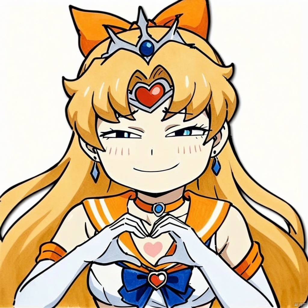 anya-face,(masterpiece),(best quality),1girl,sailor venus,masterpiece,best quality,very aesthetic,absurdres,aavenus,long hair,blonde hair,hair bow,tiara,blue eyes,earrings,orange choker,collarbone,orange sailor collar,blue bowtie,white shirt,white leotard,elbow gloves,white gloves,pleated skirt,orange skirt,heart hands,traditional media,