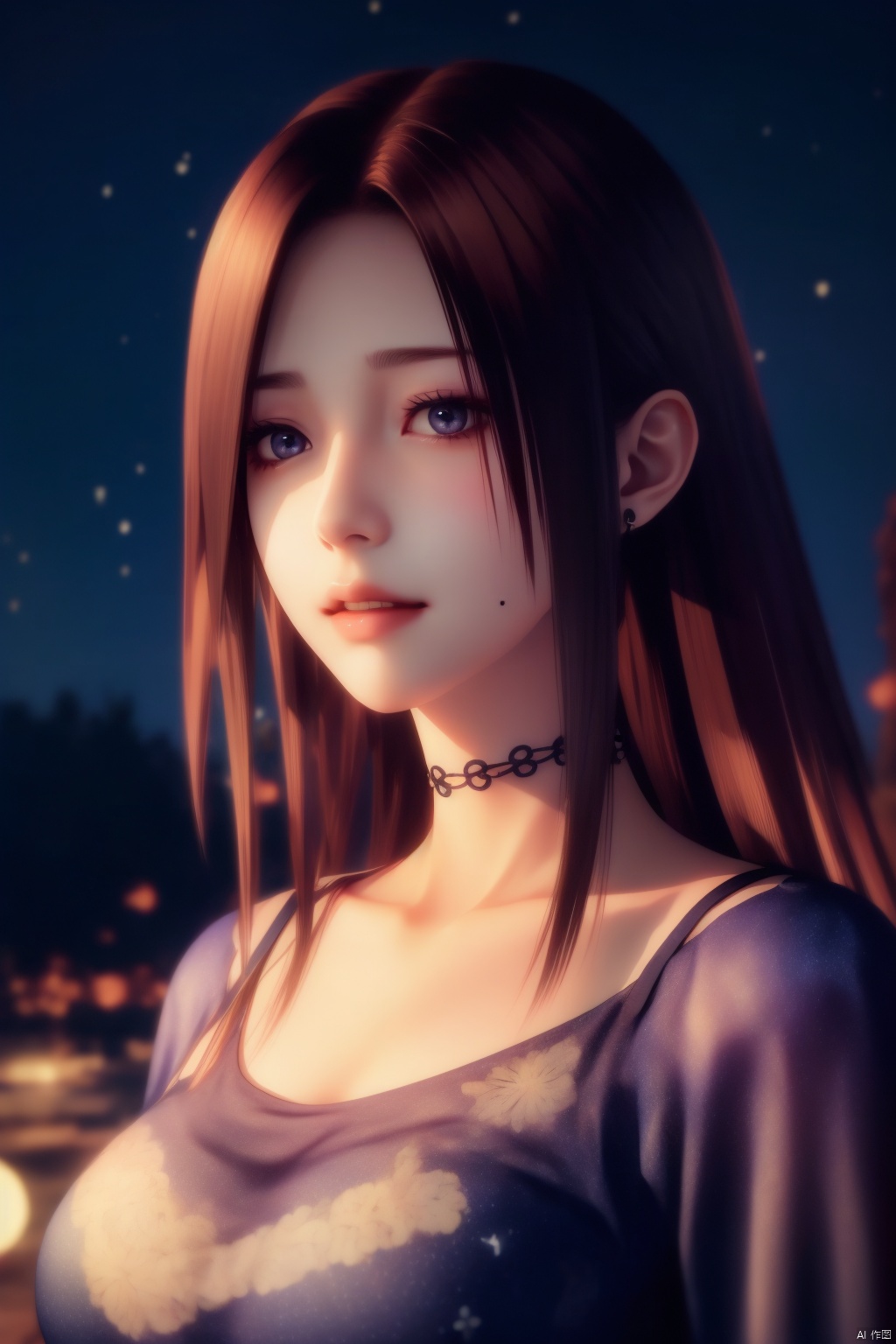  HZMiHua, , 1girl, solo, blurry, mole under mouth, whole body, Starry night