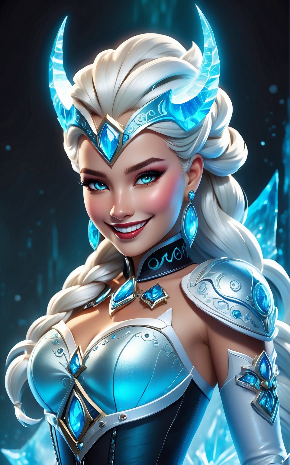 an icy and vibrant depiction of Elsa in a steampunk-demon fusion,  standing amidst an icy field. Her gaze is locked onto t...