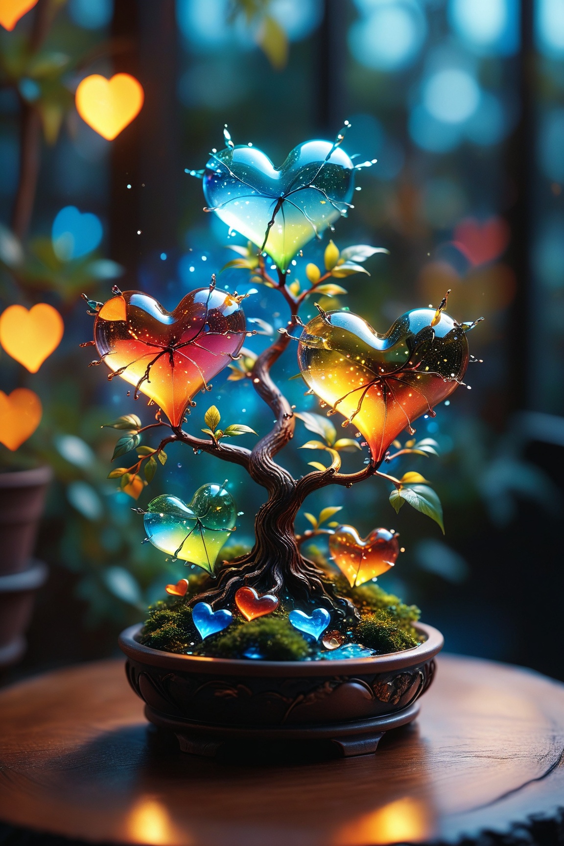 photorealistic,  sparkling magical fantasy Magical hearts,  made out of transparent multicolored glass on Tensor.Art
