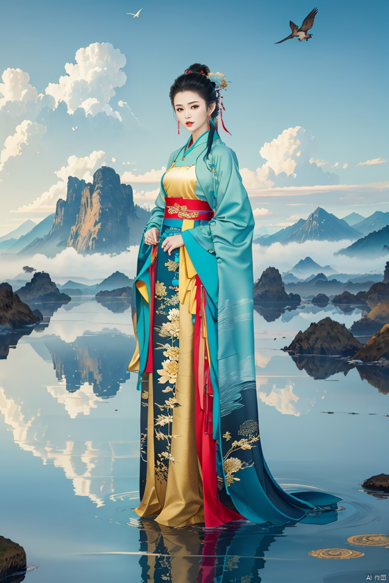  1girl, solo, black hair, hair ornament, long sleeves, dress, jewelry, standing, earrings, outdoors, sky, cloud, wide sleeves, water, necklace, hair bun, blue sky, sash, bird, chinese clothes, red dress, shawl, mountain, hanfu