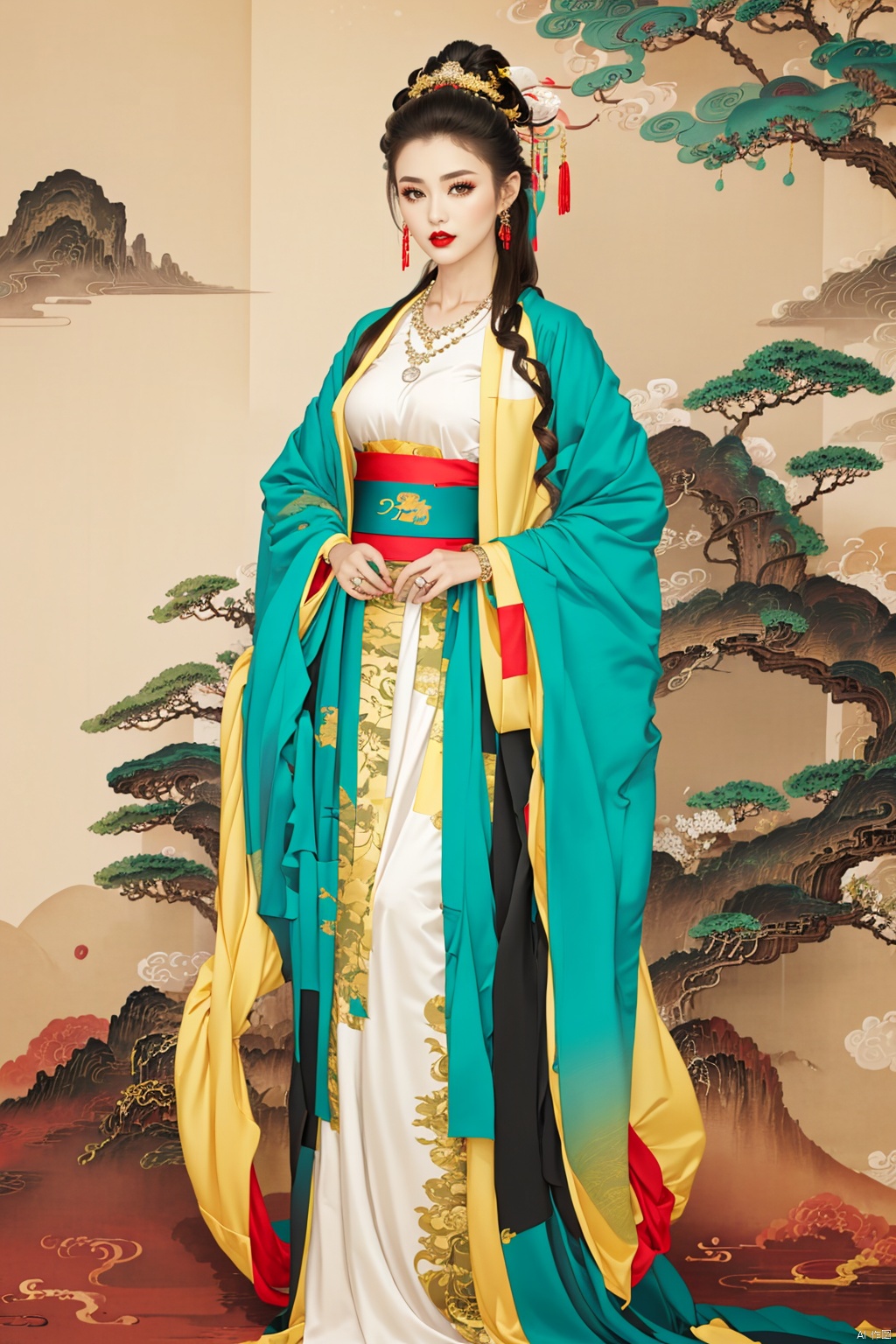  1girl, solo, long hair, looking at viewer, brown hair, black hair, hair ornament, long sleeves, dress, holding, brown eyes, jewelry, closed mouth, standing, full body, earrings, wide sleeves, necklace, bracelet, sash, makeup, chinese clothes, tassel, smoke, beads, shawl, robe, red lips, hair stick, bead bracelet, bead necklace, hanfu