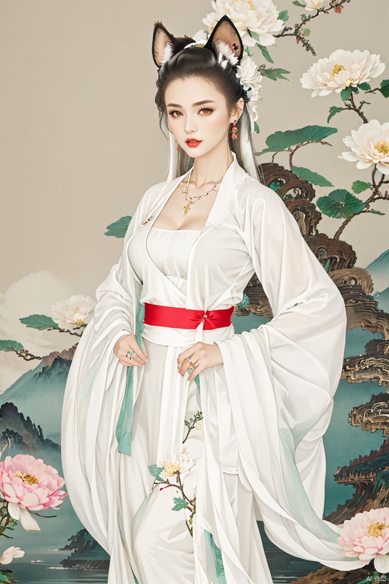  1girl, solo, long hair, breasts, looking at viewer, hair ornament, long sleeves, dress, animal ears, jewelry, very long hair, standing, flower, white hair, earrings, hair flower, wide sleeves, necklace, animal ear fluff, sash, chinese clothes, white flower, shawl, hanfu