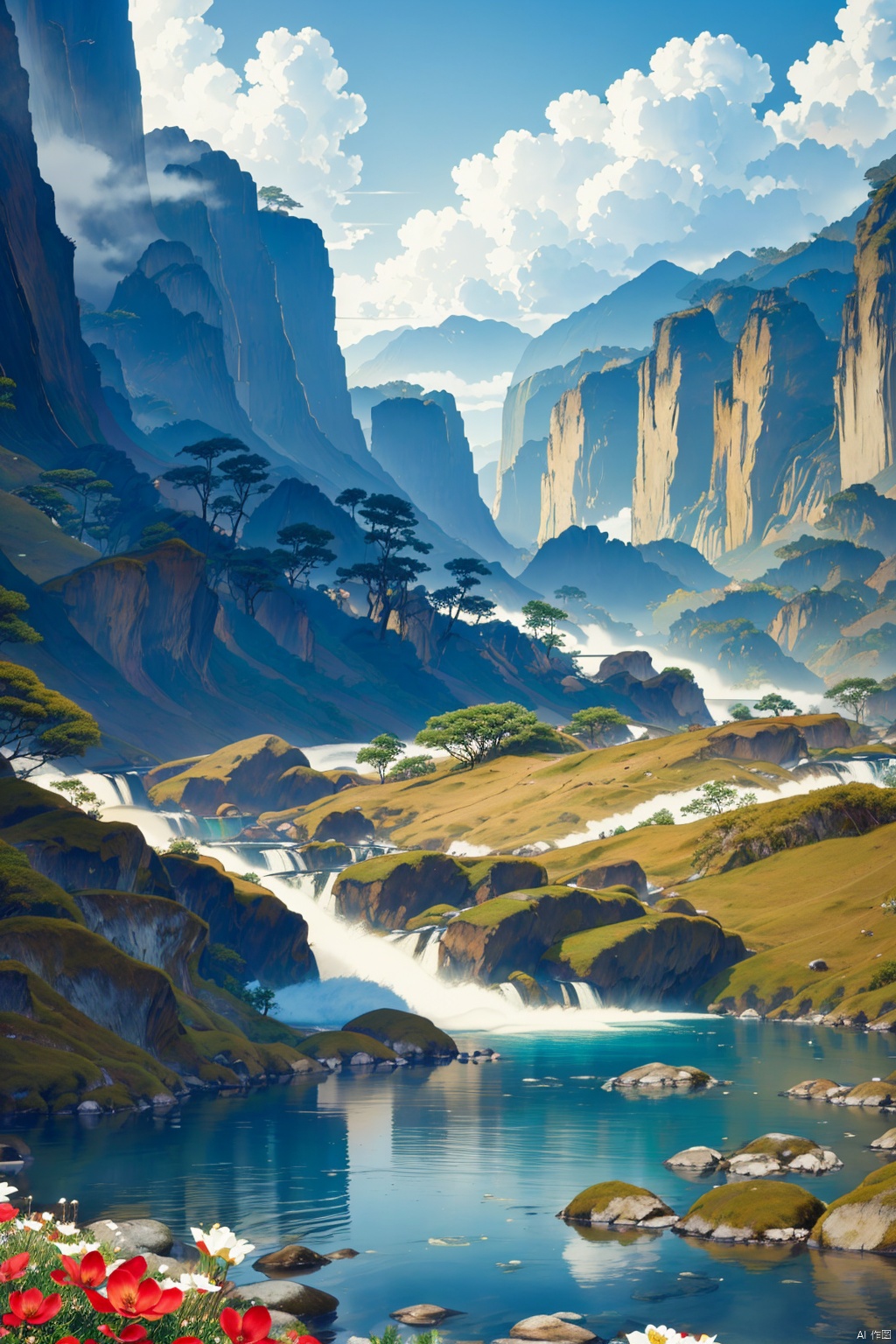 flower, outdoors, sky, day, water, tree, no humans, white flower, red flower, nature, scenery, rock, mountain, river, waterfall