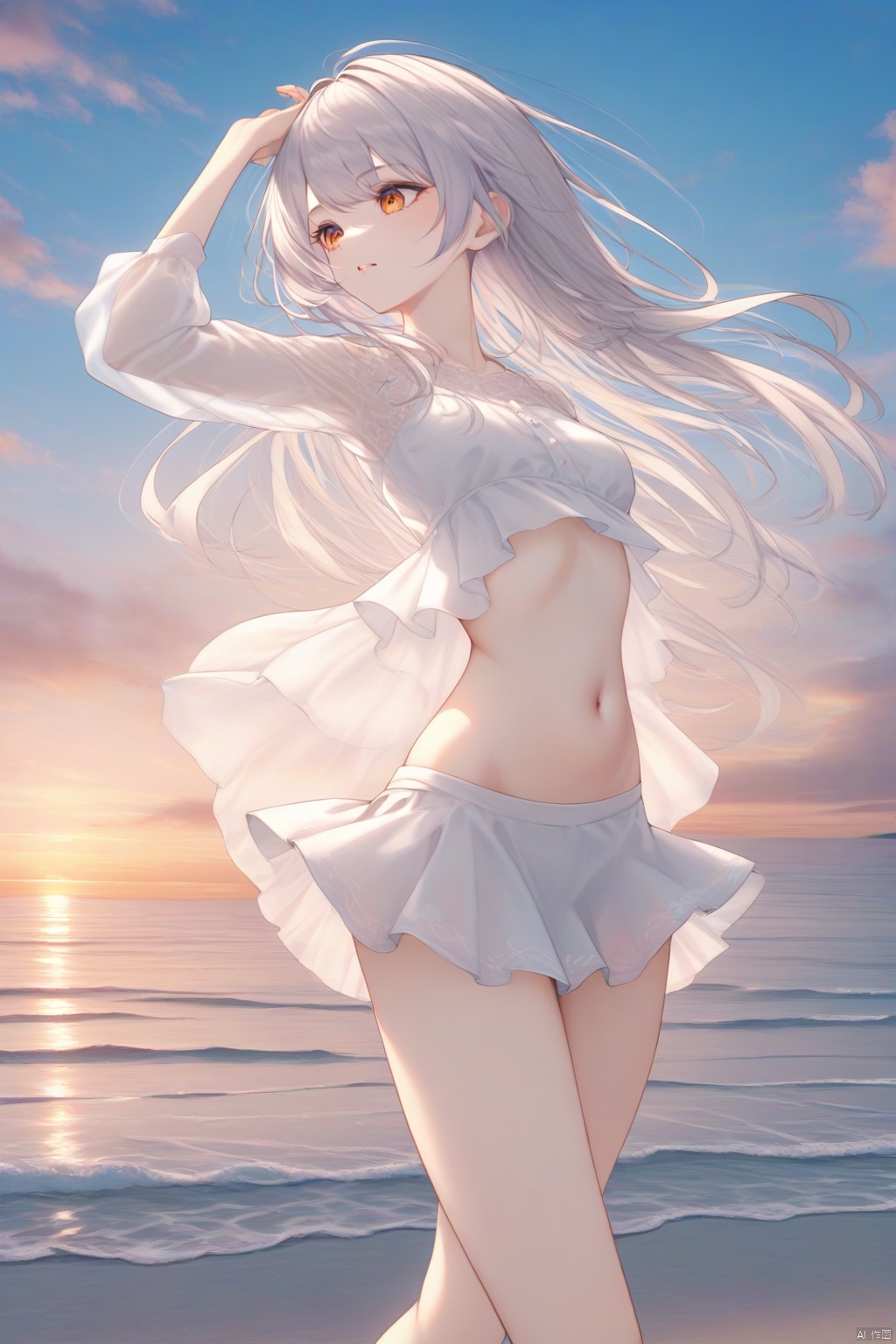  1Girl, solo, outdoor, short skirt, sky, long hair, clouds, navel, 


The sea, the beach,

Representative,boutique, Masterpiece, Intricate, 
High Quality, Best Quality, 
4K, 8K,Ultra HD,high res, absurd res,
Full Detail,Exquisite Detail, Super Detail, intricate details,
