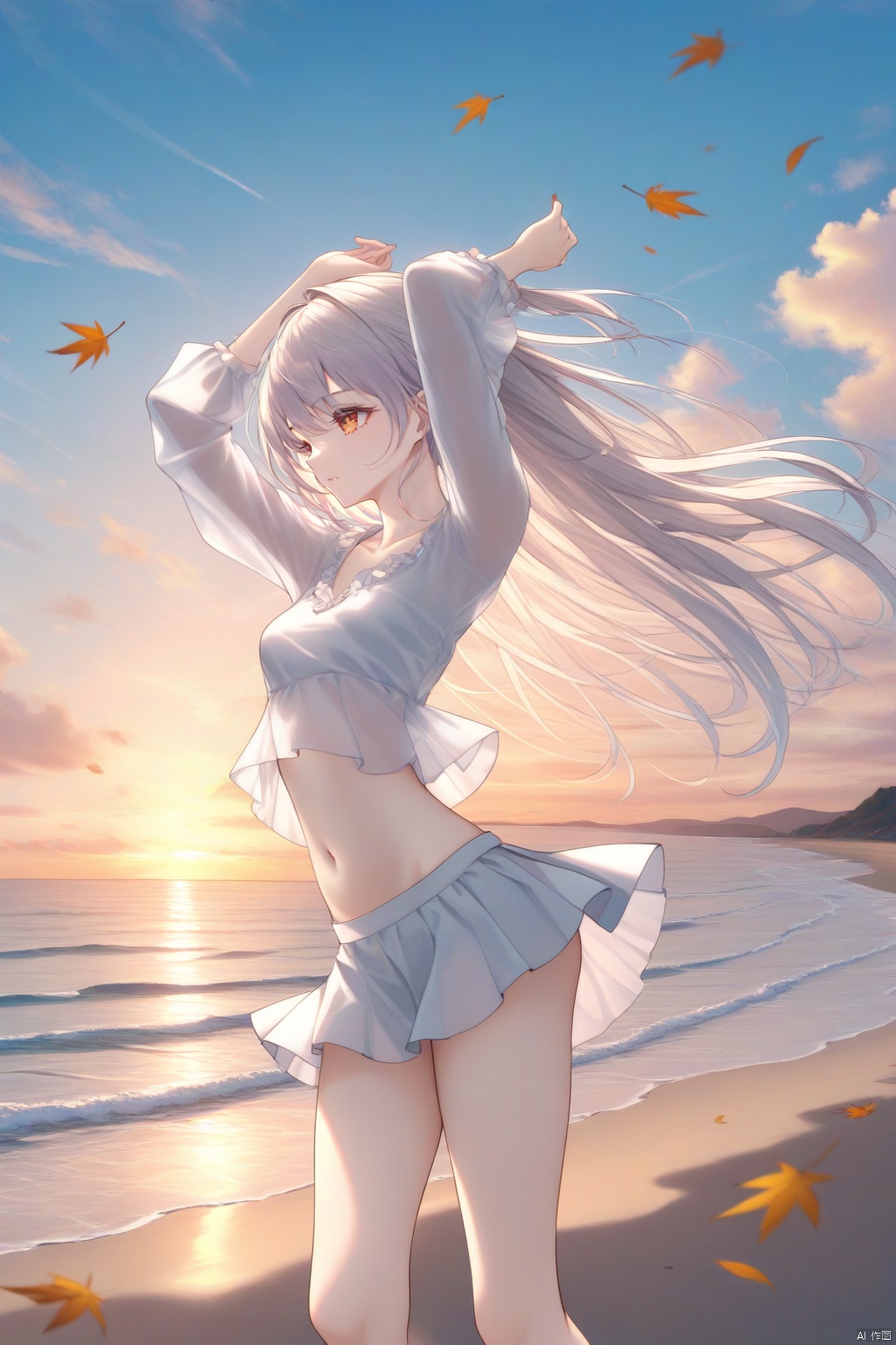 1Girl, solo, outdoor, short skirt, sky, long hair, clouds, navel, fallen leaves, cutting, arms up, short top, smile,


The sea, the beach,

Representative,boutique, Masterpiece, Intricate, 
High Quality, Best Quality, 
4K, 8K,Ultra HD,high res, absurd res,
Full Detail,Exquisite Detail, Super Detail, intricate details,
