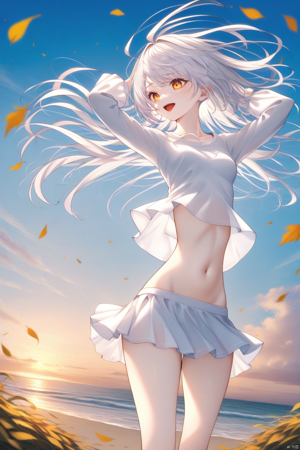 1Girl, solo, outdoor, short skirt, sky, long hair, clouds, navel, fallen leaves, cutting, arms up, short top, smile, abdomen, sky, white short skirt, long sleeves, floating hair, stomach, wind, blue sky, standing, opening mouth, shirt, short skirt, thin gauze, white hair, white shirt, yellow eyes,


The sea, the beach,

Representative,boutique, Masterpiece, Intricate, 
High Quality, Best Quality, 
4K, 8K,Ultra HD,high res, absurd res,
Full Detail,Exquisite Detail, Super Detail, intricate details,
