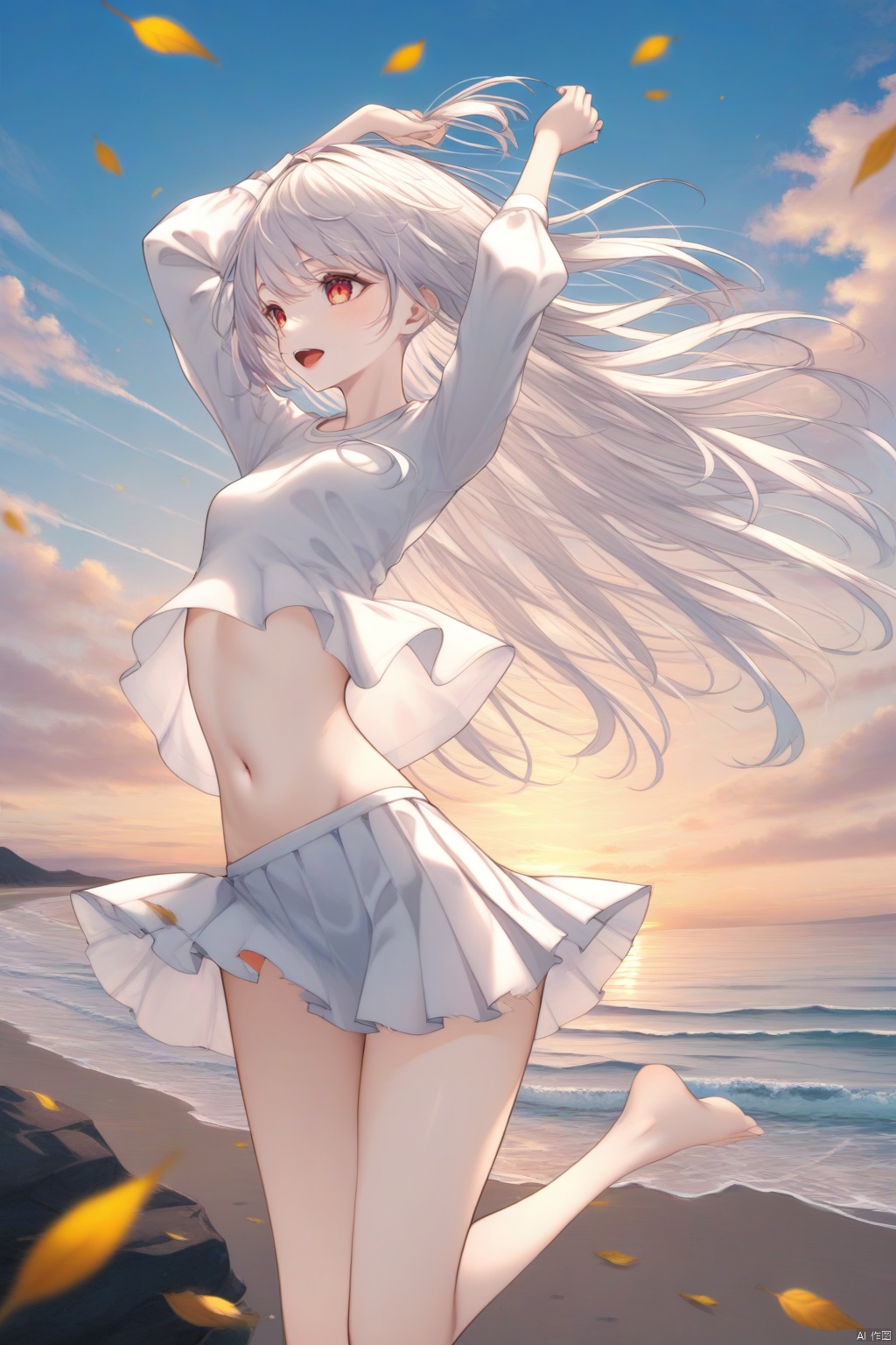  (Masterpiece), (Best Quality), illustrations, ultra detailed, HDR, depth of field, (color), 1Girl, solo, outdoor, short skirt, sky, long hair, clouds, navel, fallen leaves, cutting, arms up, short top, smile, abdomen, sky, white short skirt, long sleeves, floating hair, stomach, wind, blue sky, standing, opening mouth, shirt, short skirt, thin gauze, white hair, white shirt, yellow eyes,: d, torn short skirt, feet out of the frame, looking at the audience, 

The sea, the beach,