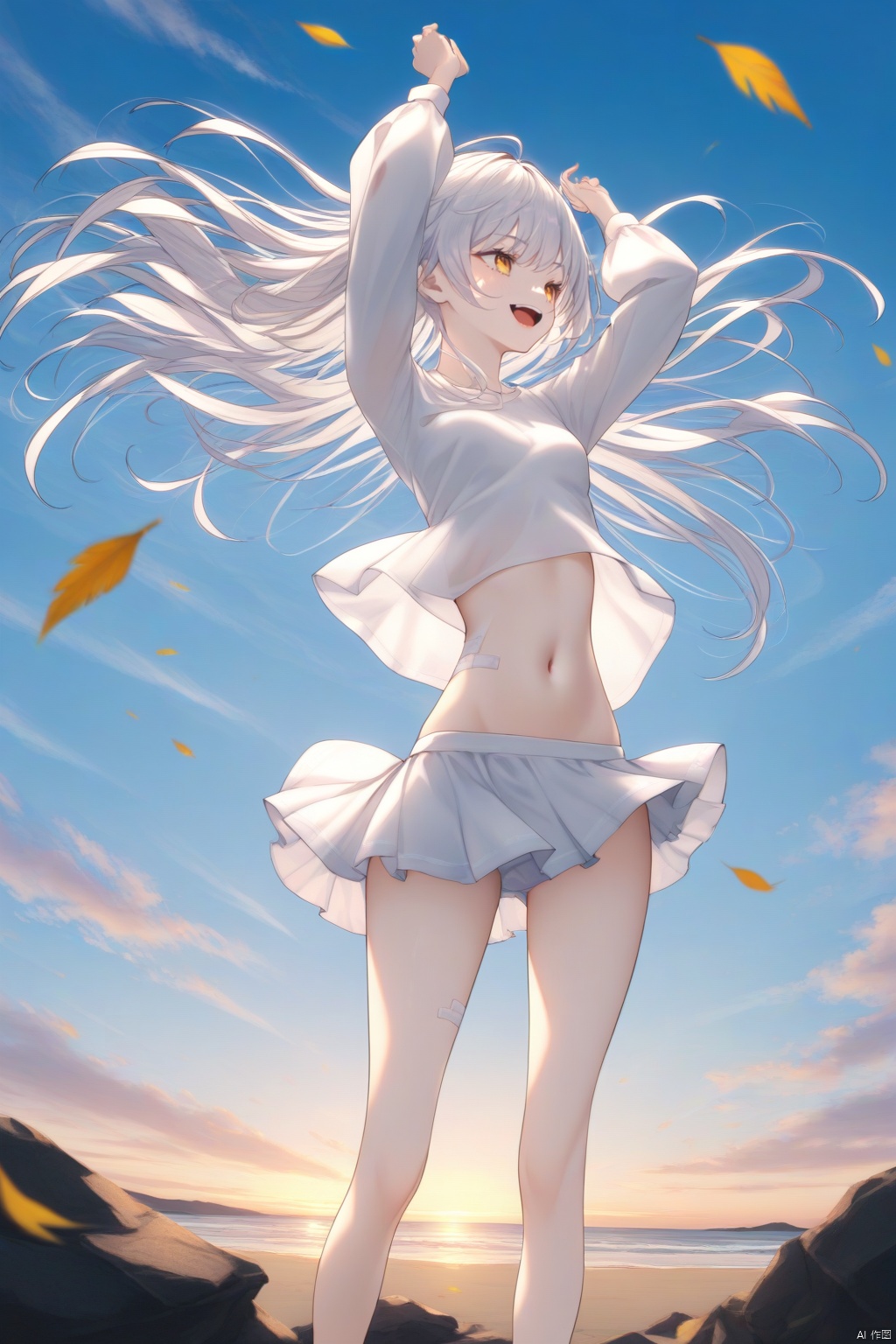 1Girl, solo, outdoor, short skirt, sky, long hair, clouds, navel, fallen leaves, cutting, arms up, short top, smile, abdomen, sky, white short skirt, long sleeves, floating hair, stomach, wind, blue sky, standing, opening mouth, shirt, short skirt, thin gauze, white hair, white shirt, yellow eyes,


The sea, the beach,

Representative,boutique, Masterpiece, Intricate, 
High Quality, Best Quality, 
4K, 8K,Ultra HD,high res, absurd res,
Full Detail,Exquisite Detail, Super Detail, intricate details,
