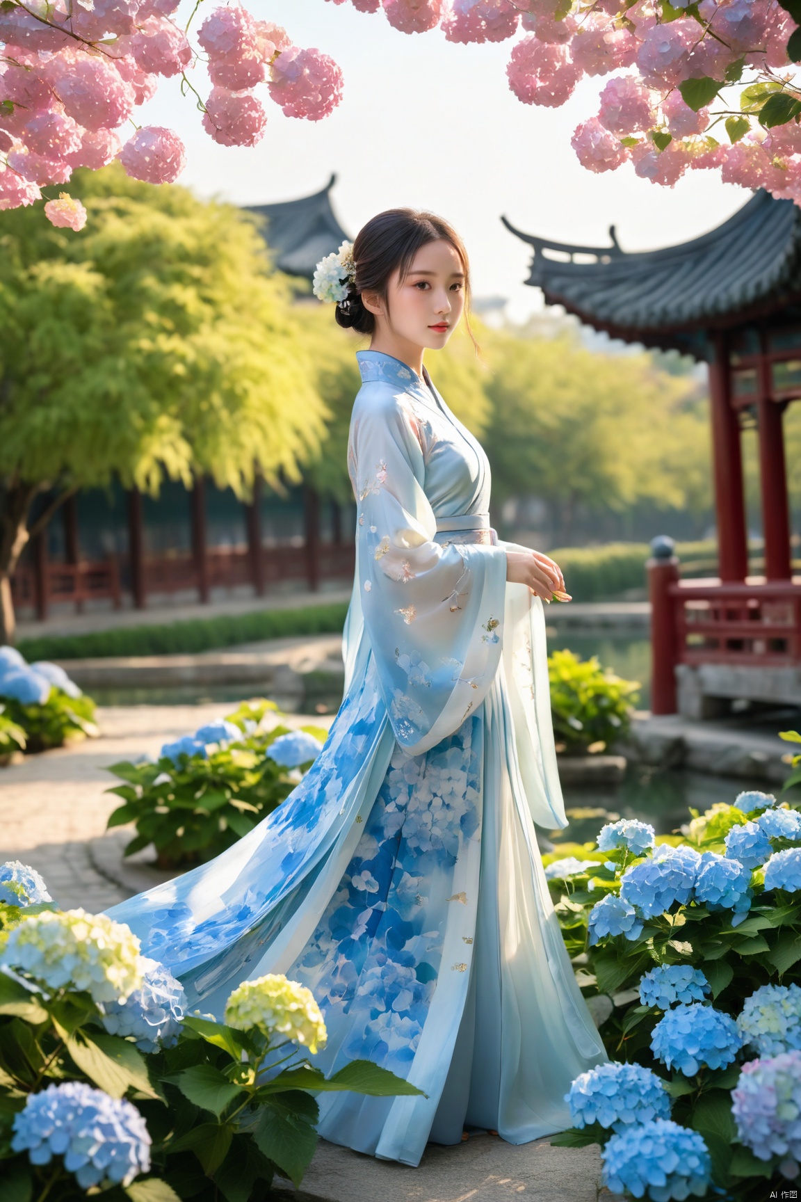  1girl,front,mottledsunlight,hydrangea flowers field,photoparticle,refracted light,light particles,sparkle,backlighting,hydrangea flower,china dress\(haihang\),lingxing, (big breasts:1.99),(Ancient Chinese architecture, Suzhou gardens, gardens full of flowers:1.3), X-Hydrangea, song_hanfu, desert_sky, NaGongWan