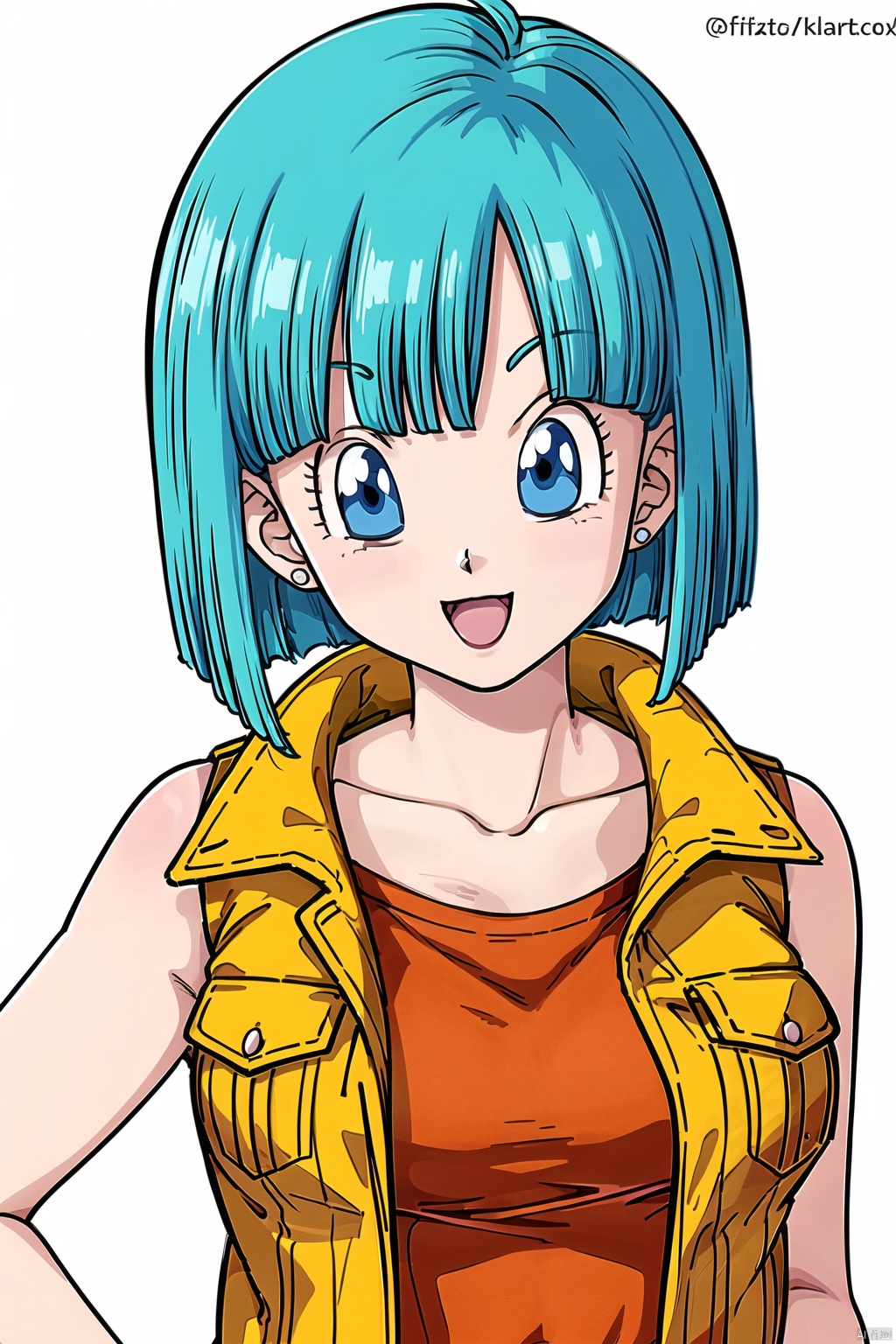 1girl, solo, breasts, looking at viewer, smile, short hair, open mouth, bangs, blue eyes, simple background, shirt, white background, jewelry, collarbone, jacket, upper body, :d, earrings, green hair, sleeveless, artist name, blunt bangs, twitter username, vest, eyelashes, watermark, orange shirt, bulma,buerma