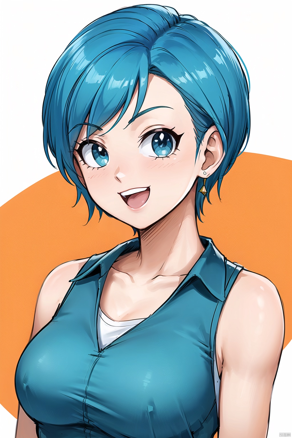 1girl, solo, breasts, looking at viewer, smile, short hair, open mouth, bangs, blue eyes, simple background, shirt, white background, jewelry, collarbone, jacket, upper body, :d, earrings, green hair, sleeveless, artist name, blunt bangs, twitter username, vest, eyelashes, watermark, orange shirt, bulma,buerma