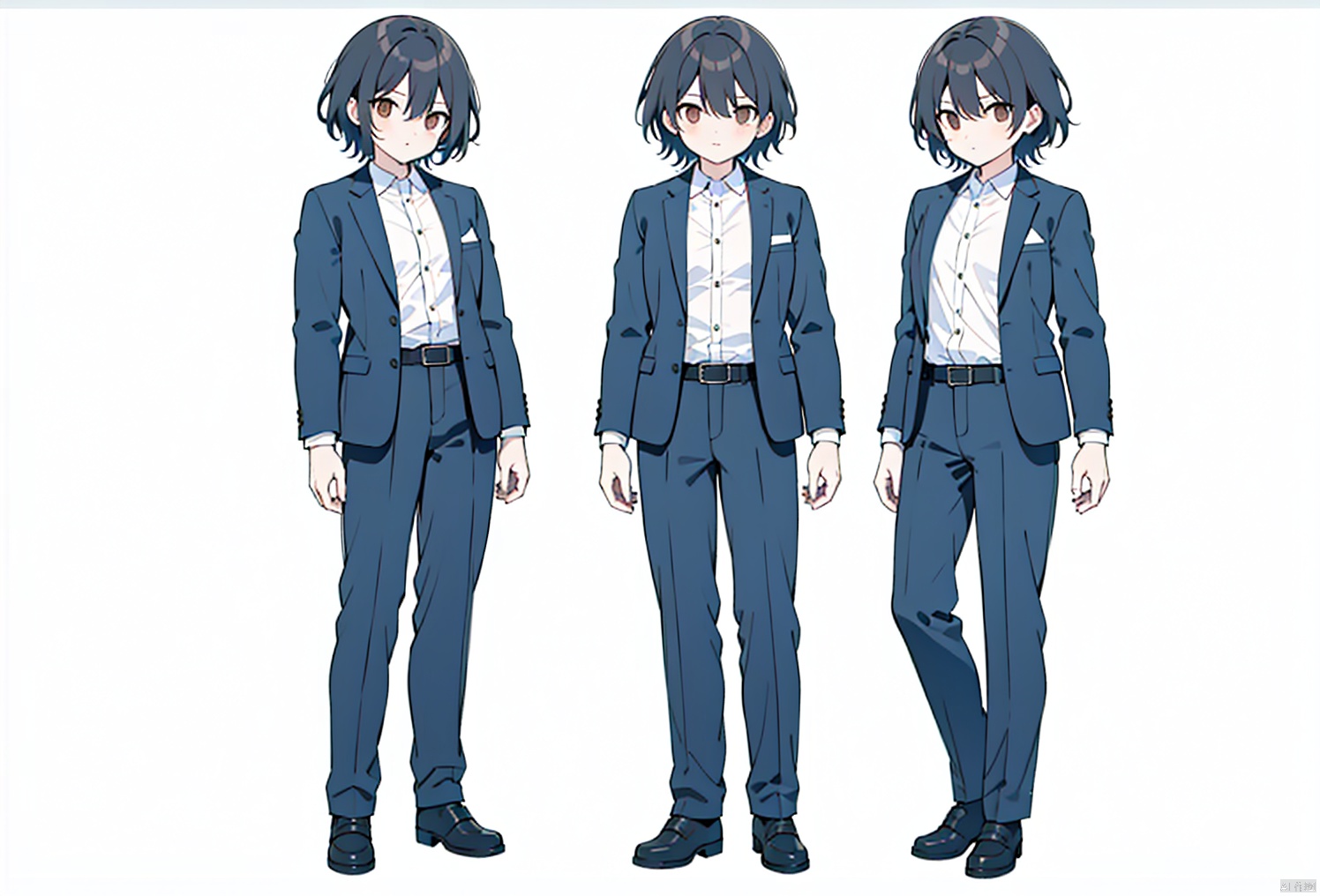 looking at viewer, short hair, simple background, shirt, black hair, long sleeves, 1boy, white background, brown eyes, closed mouth, standing, jacket, full body, white shirt, male focus, shoes, collared shirt, belt, pants, black footwear, black jacket, dress shirt, multiple views, black pants, formal, suit, black belt, arms at sides