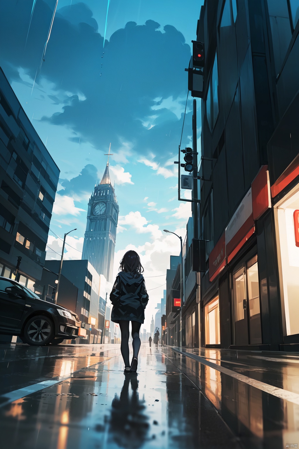 masterpiece,best quality,(ray tracing, cinematic lighting),ex-light,(central composition, Centered Composition and Symmetry:0.6),(back to camera:1.3),backlight,1girl,((solo)),black long hair,messy hair,jacket,pantyhose,rainy day,Cumulonimbus Cloud,(put hands in pockets),(outdoors, rain, sky, deserted streets, watered-down pavements, crossroad, fork in the road),tall buildings,bell towers,glass,reflections,streetlights,sunset,Tyndall Effect,