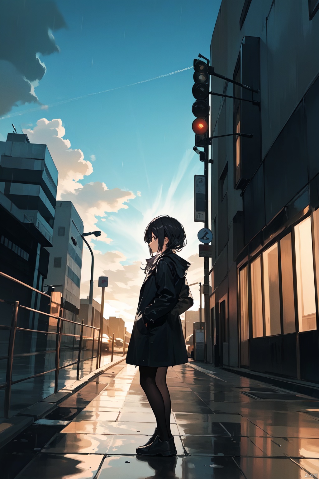 masterpiece,best quality,(ray tracing, cinematic lighting),ex-light,(central composition, Centered Composition and Symmetry:0.6),(back to camera:1.3),backlight,1girl,((solo)),black long hair,messy hair,jacket,pantyhose,rainy day,Cumulonimbus Cloud,(put hands in pockets),(outdoors, rain, sky, deserted streets, watered-down pavements, crossroad, fork in the road),tall buildings,bell towers,glass,reflections,streetlights,sunset,Tyndall Effect,