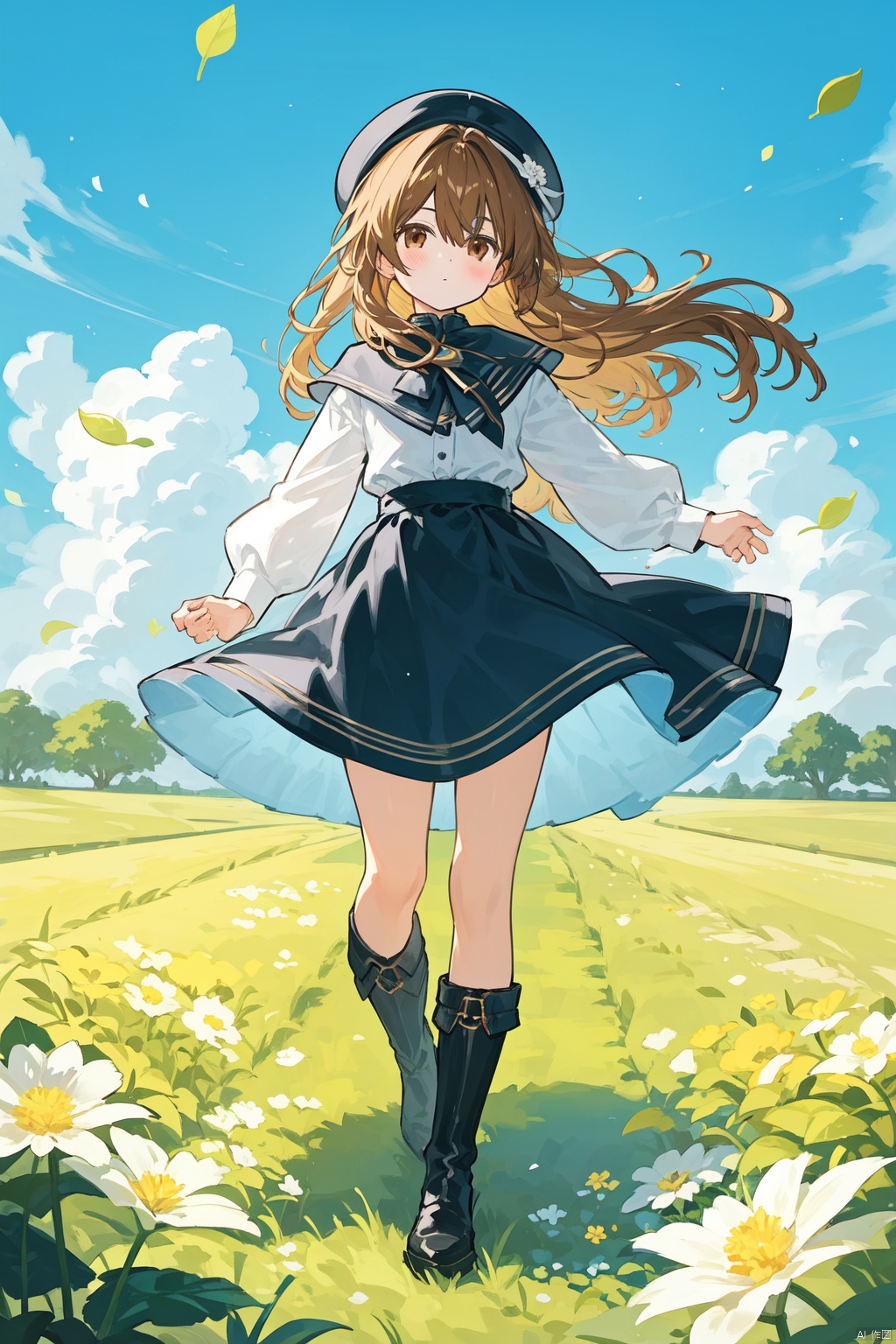 1girl, bangs, bird, black_footwear, black_headwear, blue_flower, blue_sky, blush, boots, bouquet, bow, brown_eyes, brown_hair, cloud, cloudy_sky, daisy, dandelion, day, dove, eyebrows_visible_through_hair, field, flower, flower_field, frills, full_body, hair_between_eyes, hat, holding_flower, knee_boots, leaf, leaves_in_wind, lily_\(flower\), long_hair, long_sleeves, looking_at_viewer, mini_hat, mini_top_hat, petals, shirt, skirt, sky, solo, standing, top_hat, very_long_hair, white_flower, white_rose, white_shirt, yellow_flower,from above