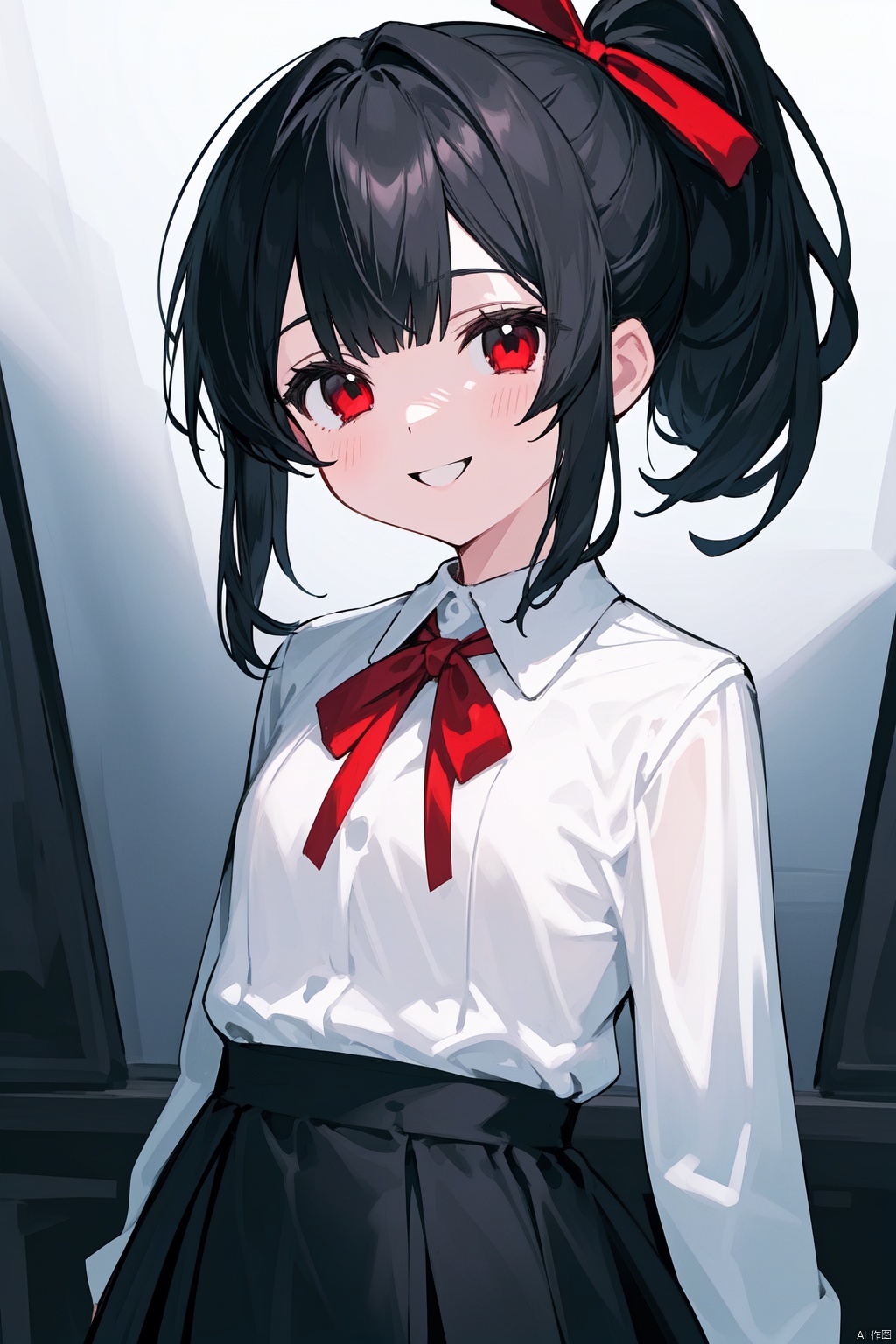 best quality, amazing quality, very aesthetic, absurdres,1girl, shuuchiin_academy_school_uniform, solo, shinomiya_kaguya, school_uniform, black_hair, red_eyes, ribbon, looking_at_viewer, black_dress, red_ribbon, dress, hair_ribbon, smile, folded_ponytail, long_sleeves, breasts, bangs, parted_bangs, sidelocks, blush, parted_lips, neck_ribbon, short_hair, medium_breasts, grin