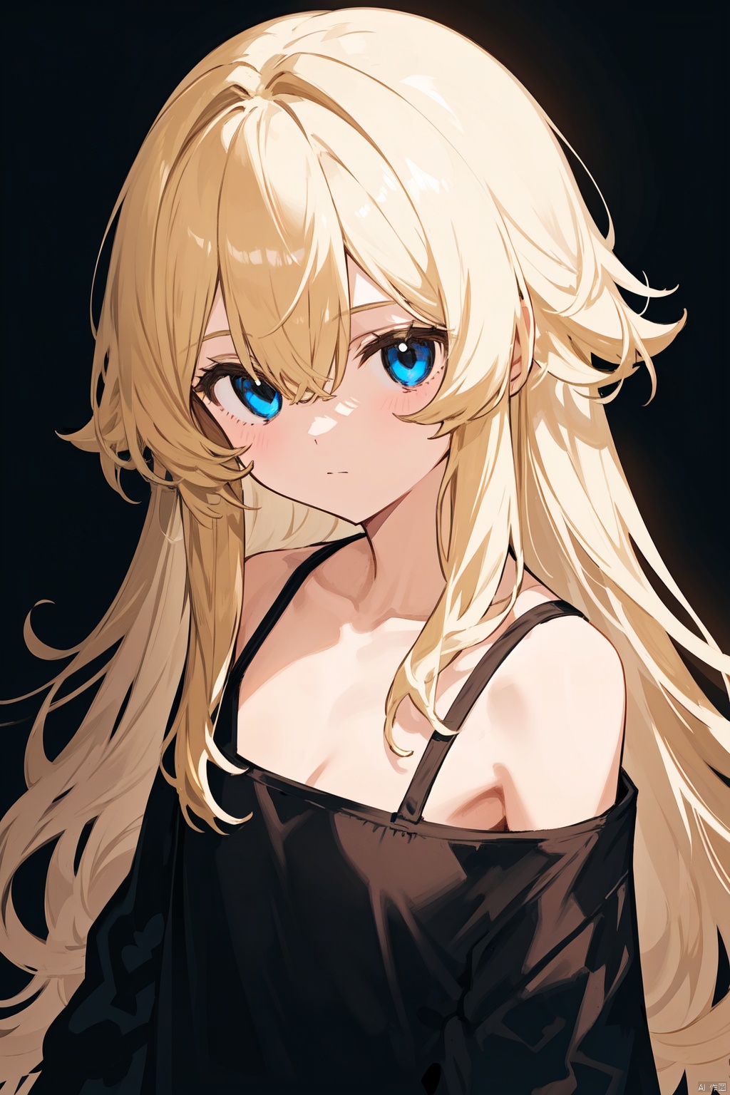 1girl, solo, long_hair, blue_eyes, looking_at_viewer, shirt, upper_body, black_shirt, bangs, collarbone, blonde_hair, long_sleeves, closed_mouth, messy_hair, hair_between_eyes, bare_shoulders, off_shoulder